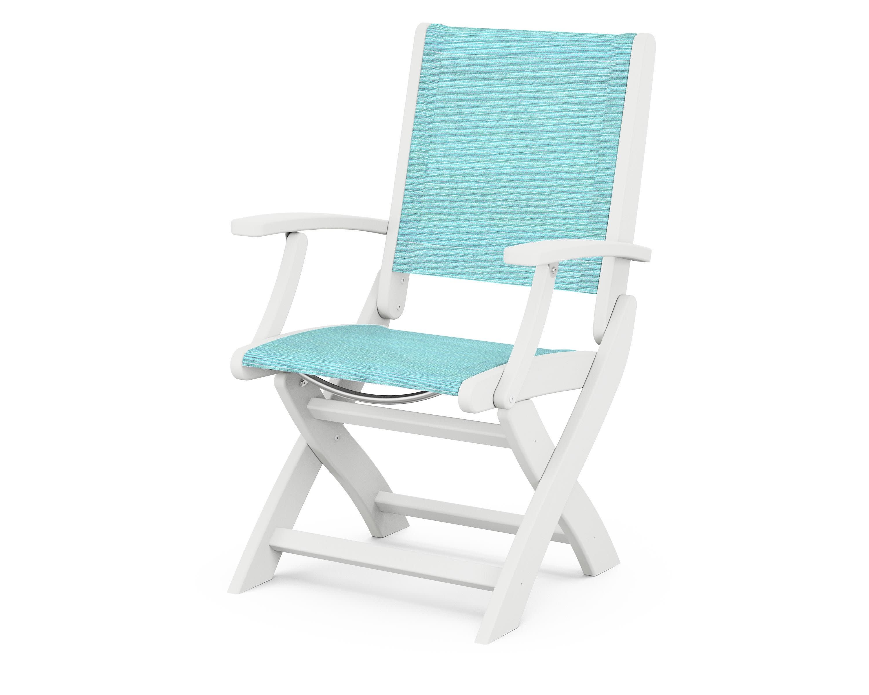 Coastal Folding Chair in White / Dupioni Aquamarine Sling