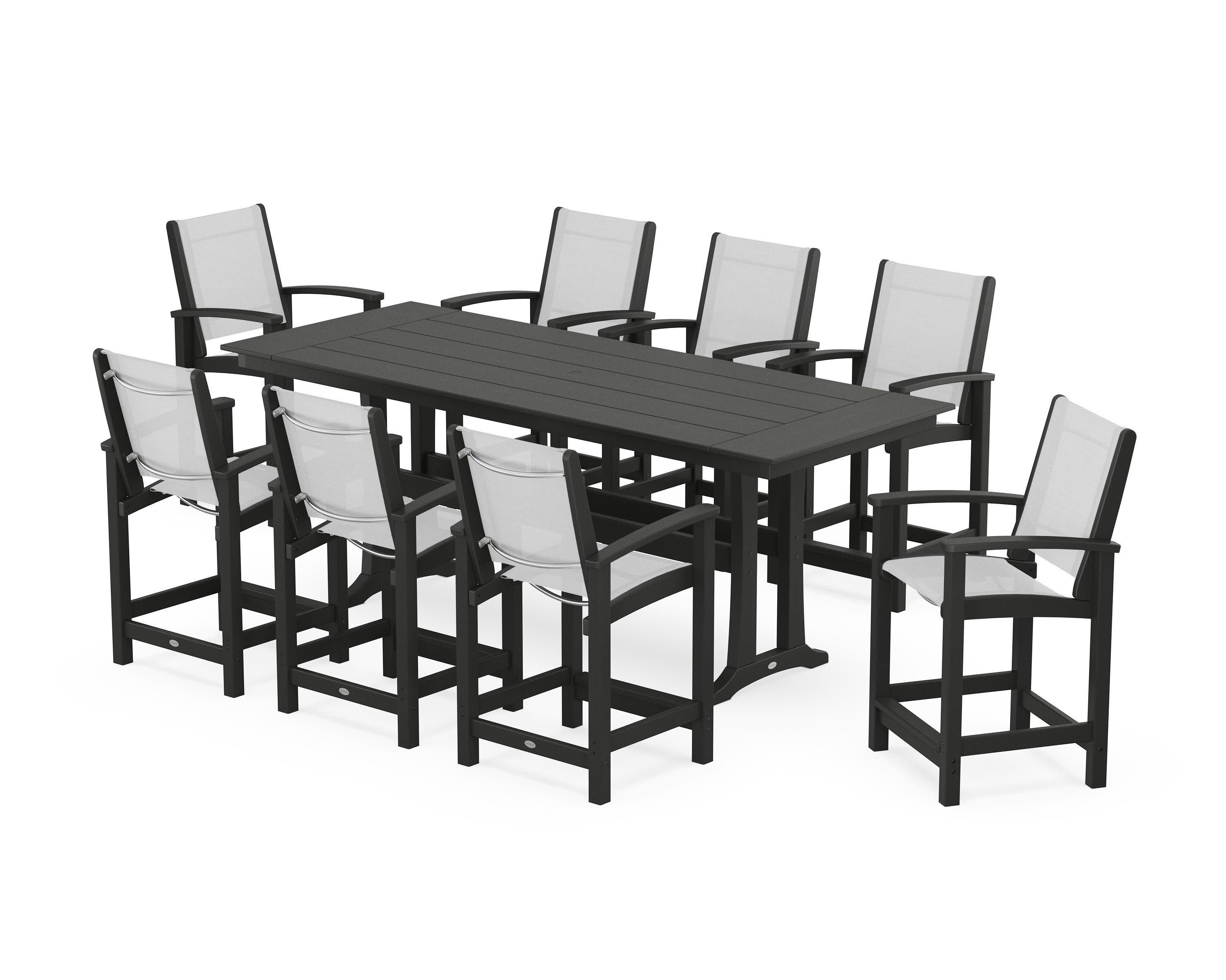 Coastal 9-Piece Farmhouse Counter Set with Trestle Legs in Black / White Sling