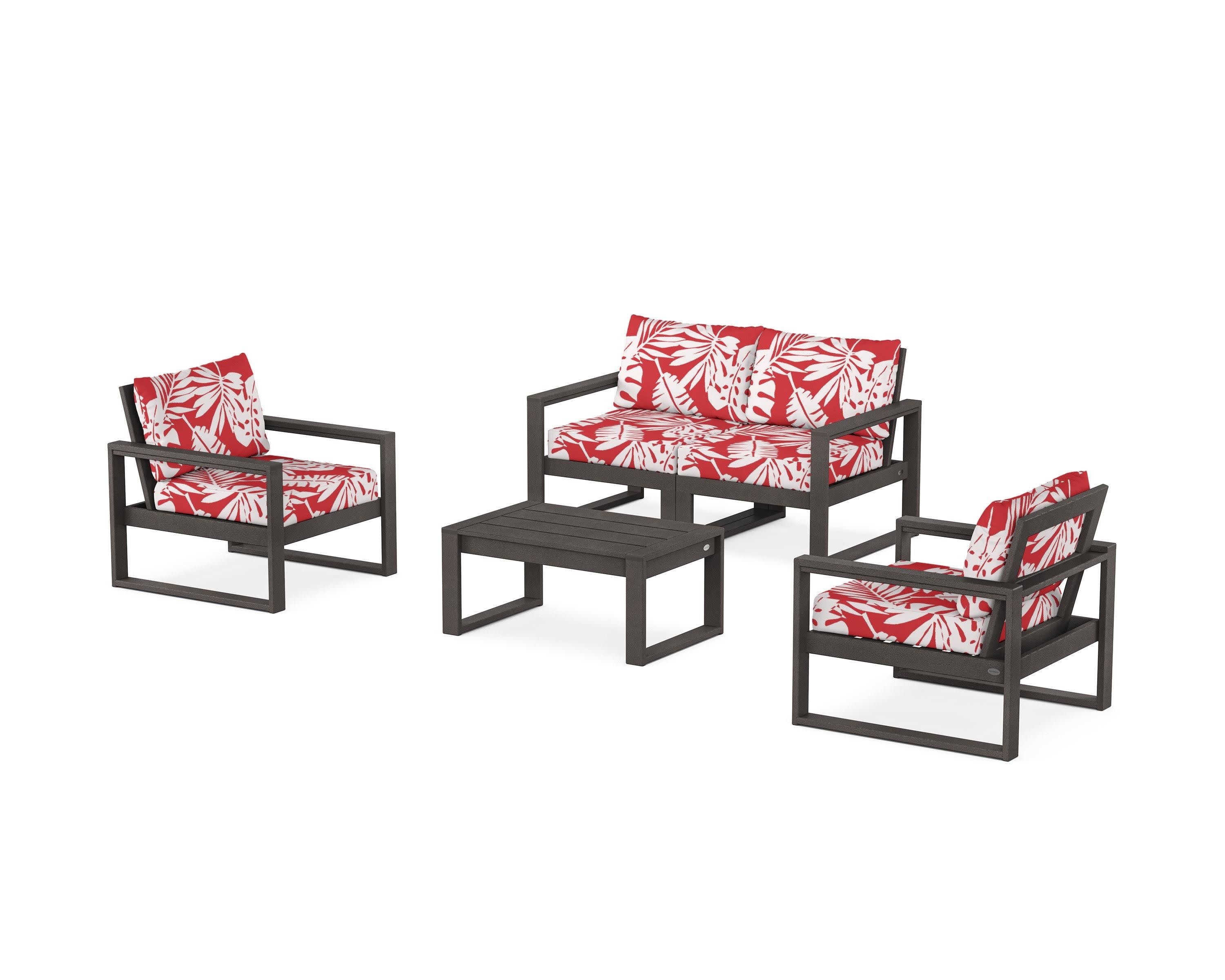 EDGE Sectional 4-Piece Deep Seating Set with Loveseat in Vintage Coffee / Leaf Crimson