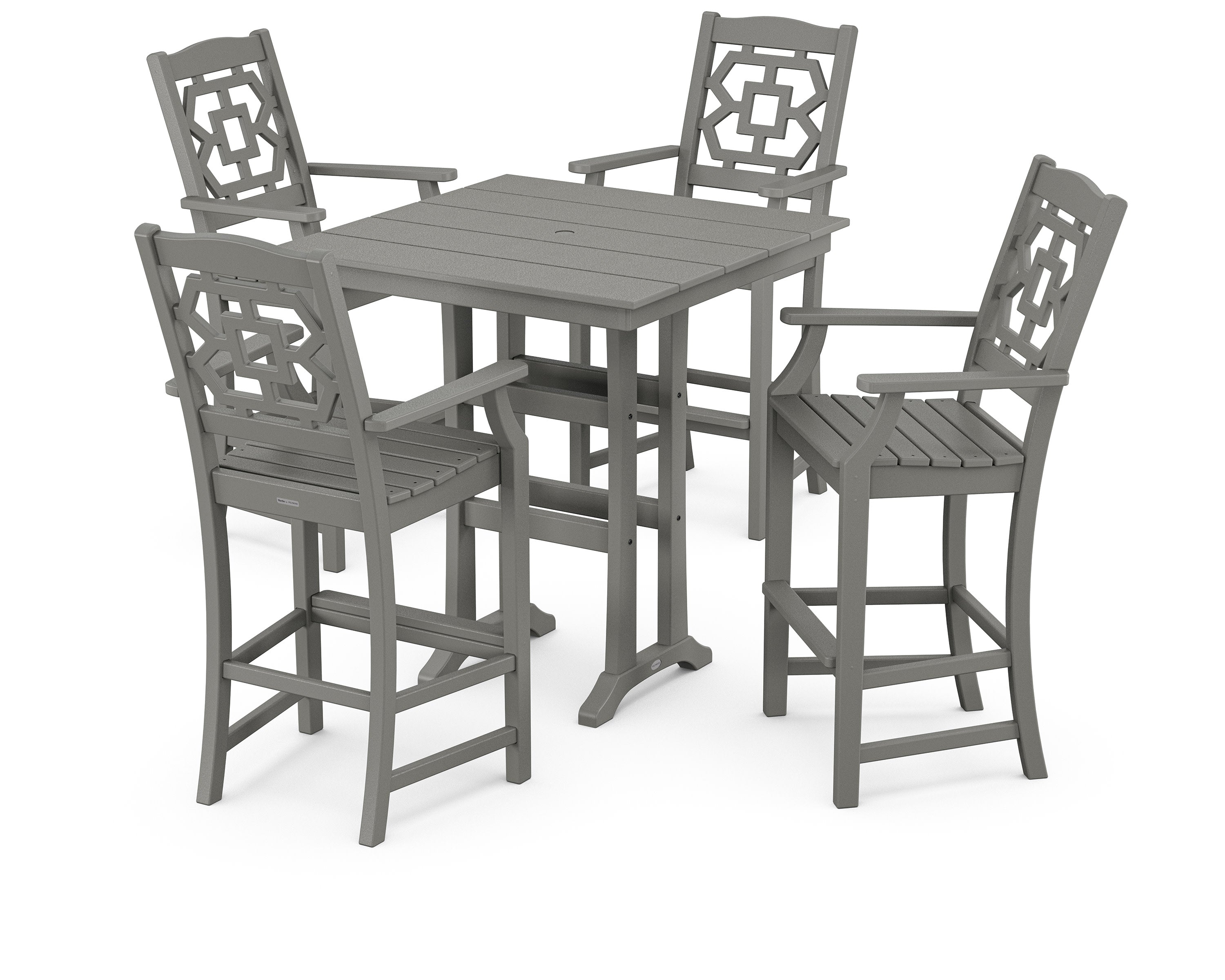 Chinoiserie 5-Piece Farmhouse Bar Set with Trestle Legs in Slate Grey