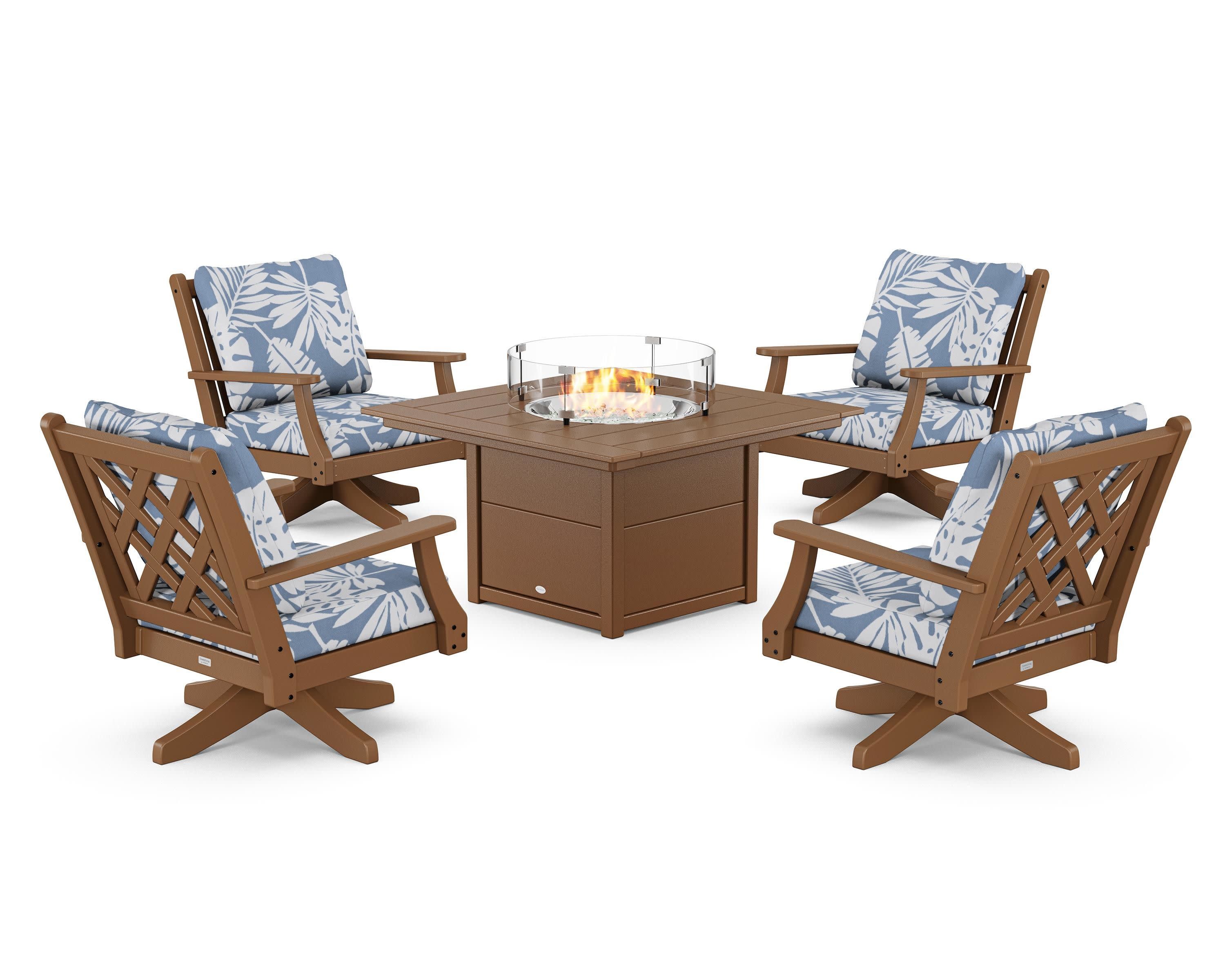 Wovendale 5-Piece Deep Seating Swivel Conversation Set with Fire Pit Table in Teak / Leaf Sky Blue