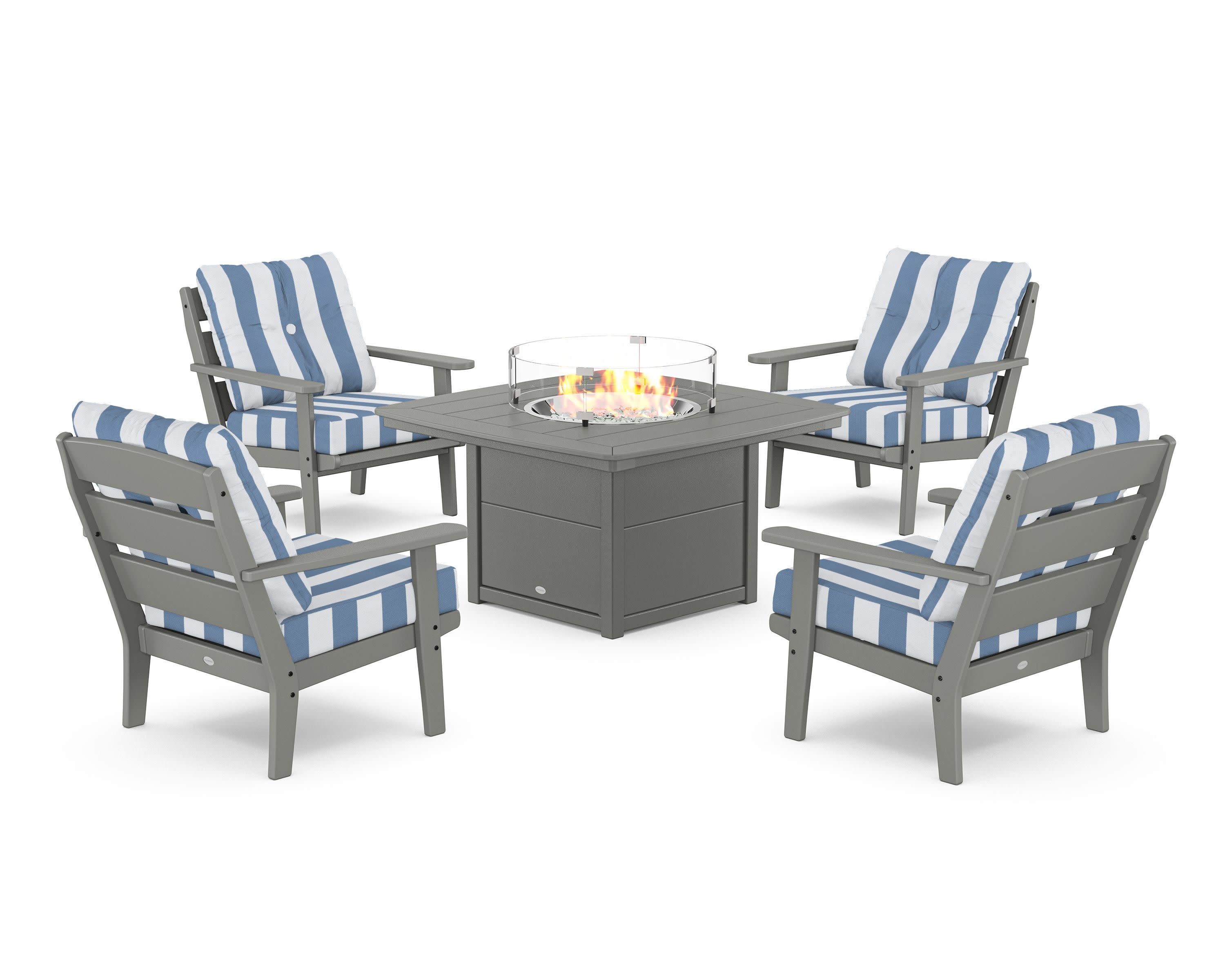 Lakeside 5-Piece Deep Seating Set with Nautical Fire Pit Table in Slate Grey / Cabana Stripe Sky Blue