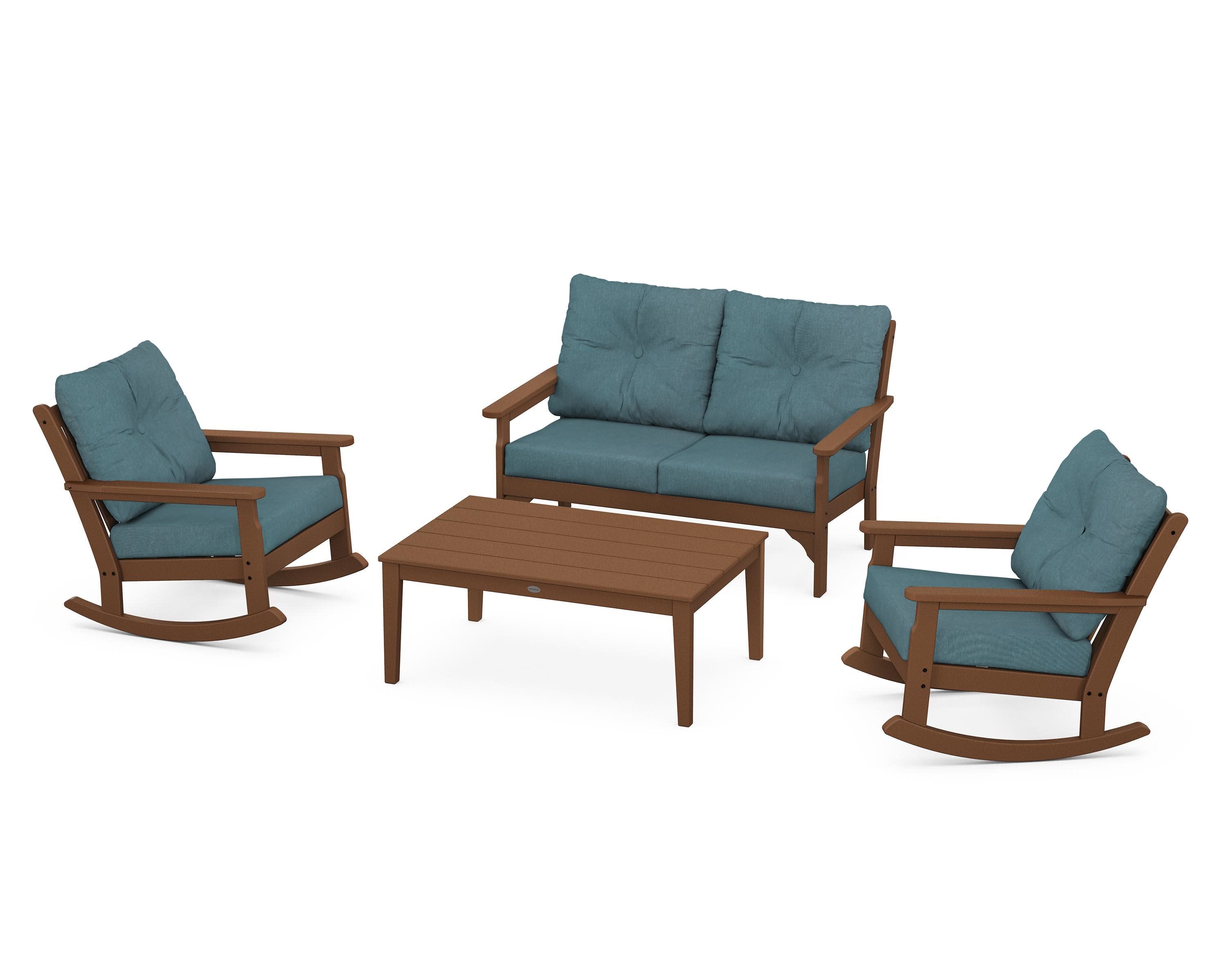 Vineyard 4-Piece Deep Seating Rocking Chair Set in Teak / Ocean Teal