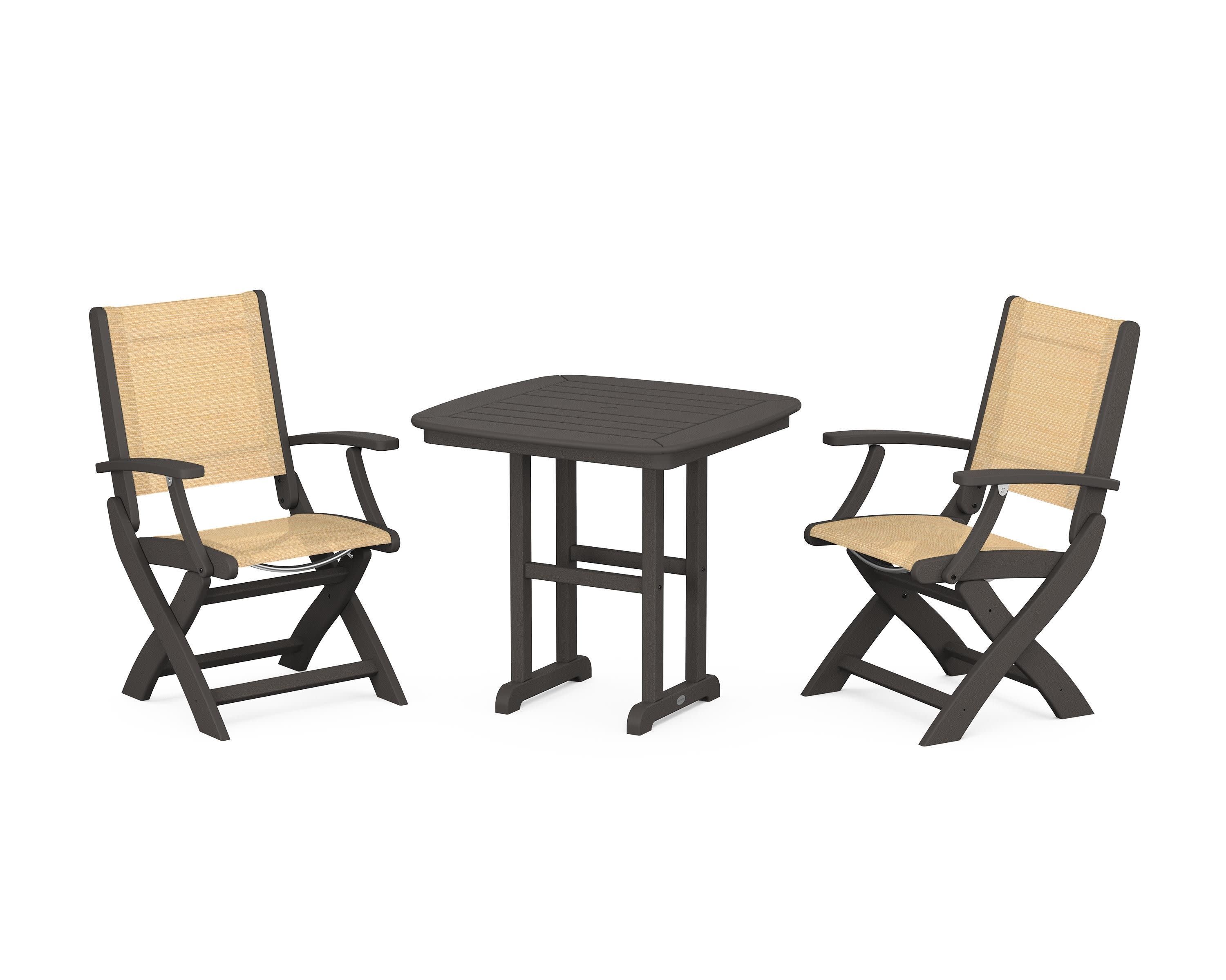 Coastal Folding Chair 3-Piece Dining Set in Vintage Coffee / Dupioni Apricot Sling