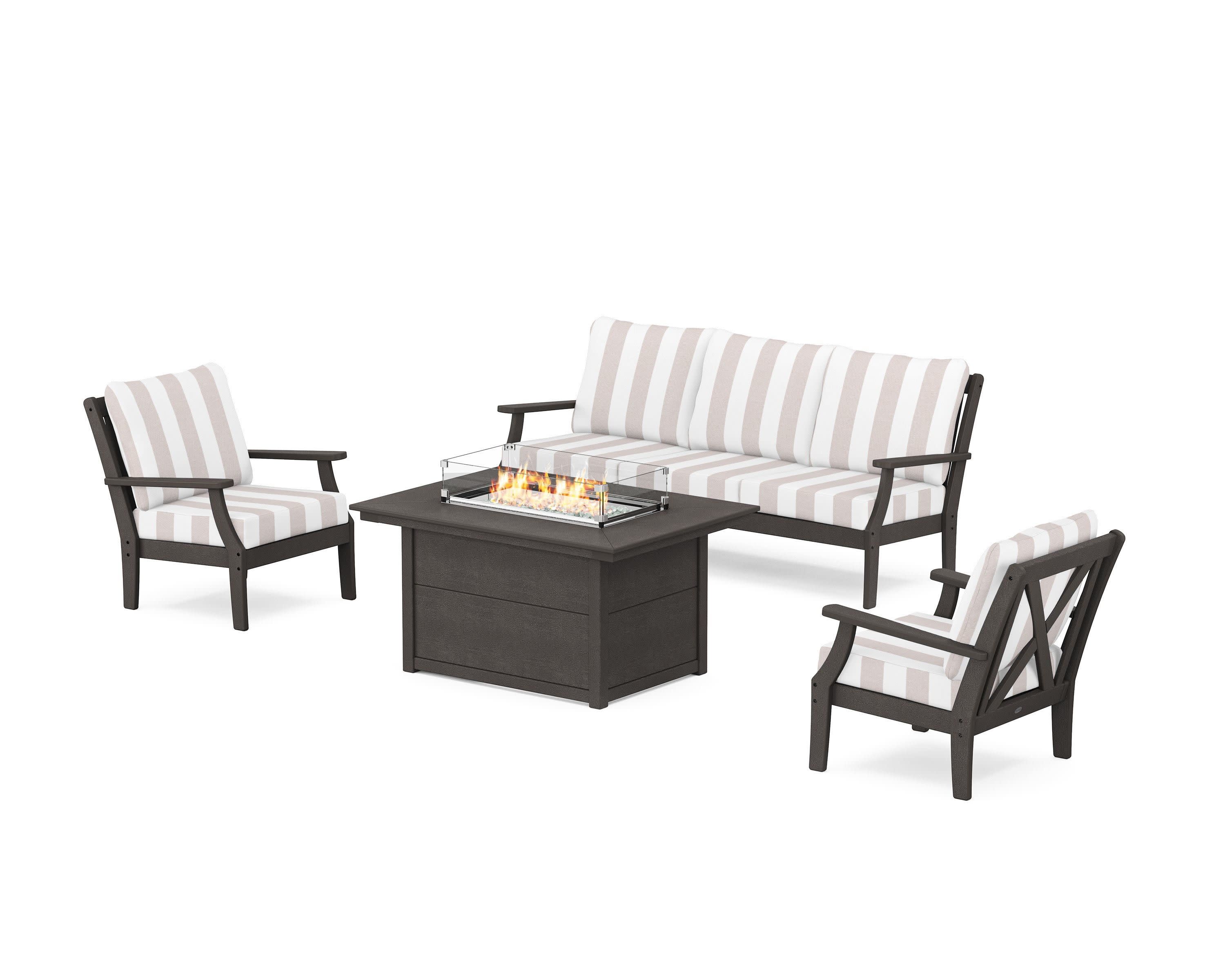 Braxton Deep Seating Fire Pit Table Set in Vintage Coffee / Cabana Stripe Dune Burlap
