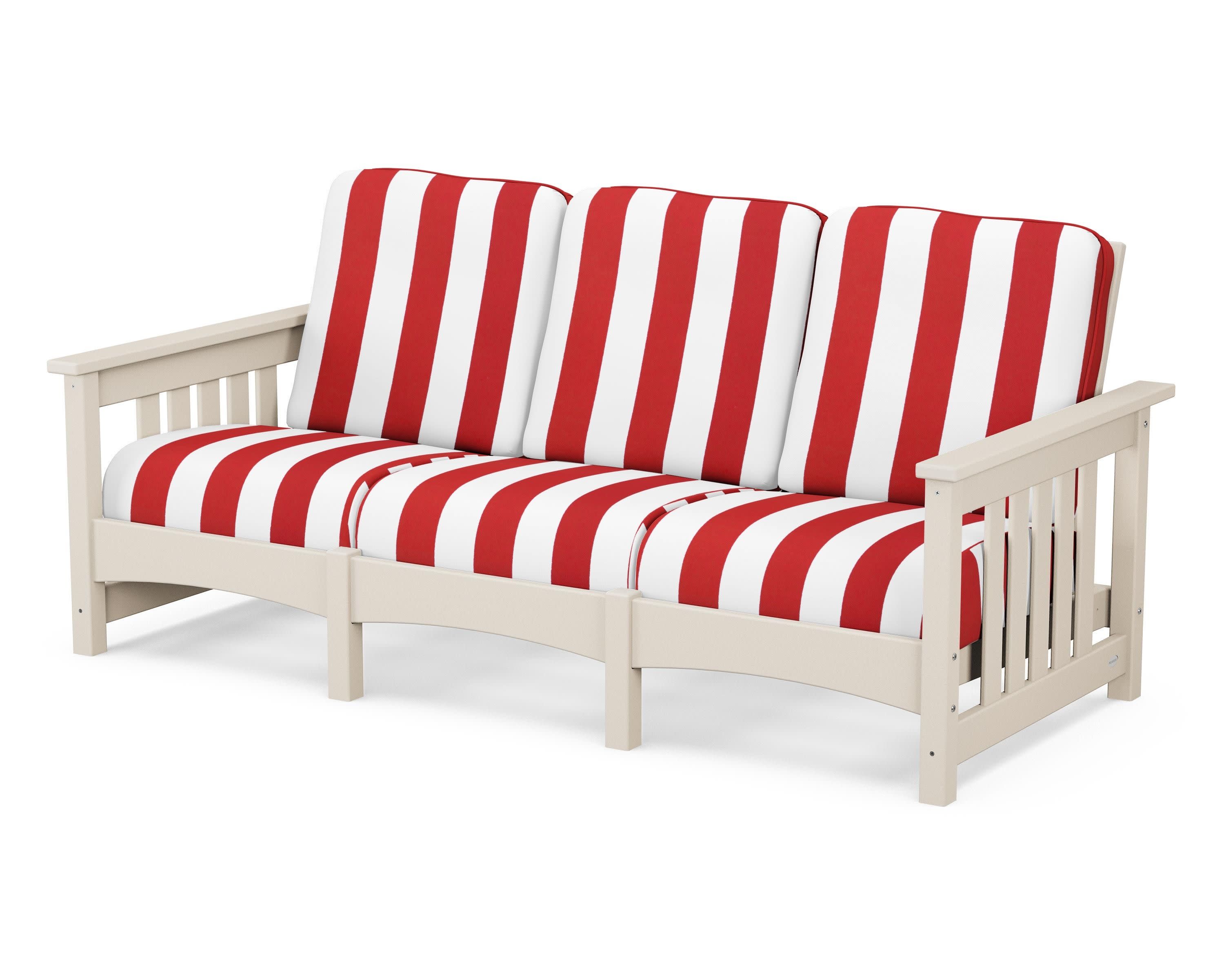 Club Mission Sofa in Sand / Cabana Stripe Crimson