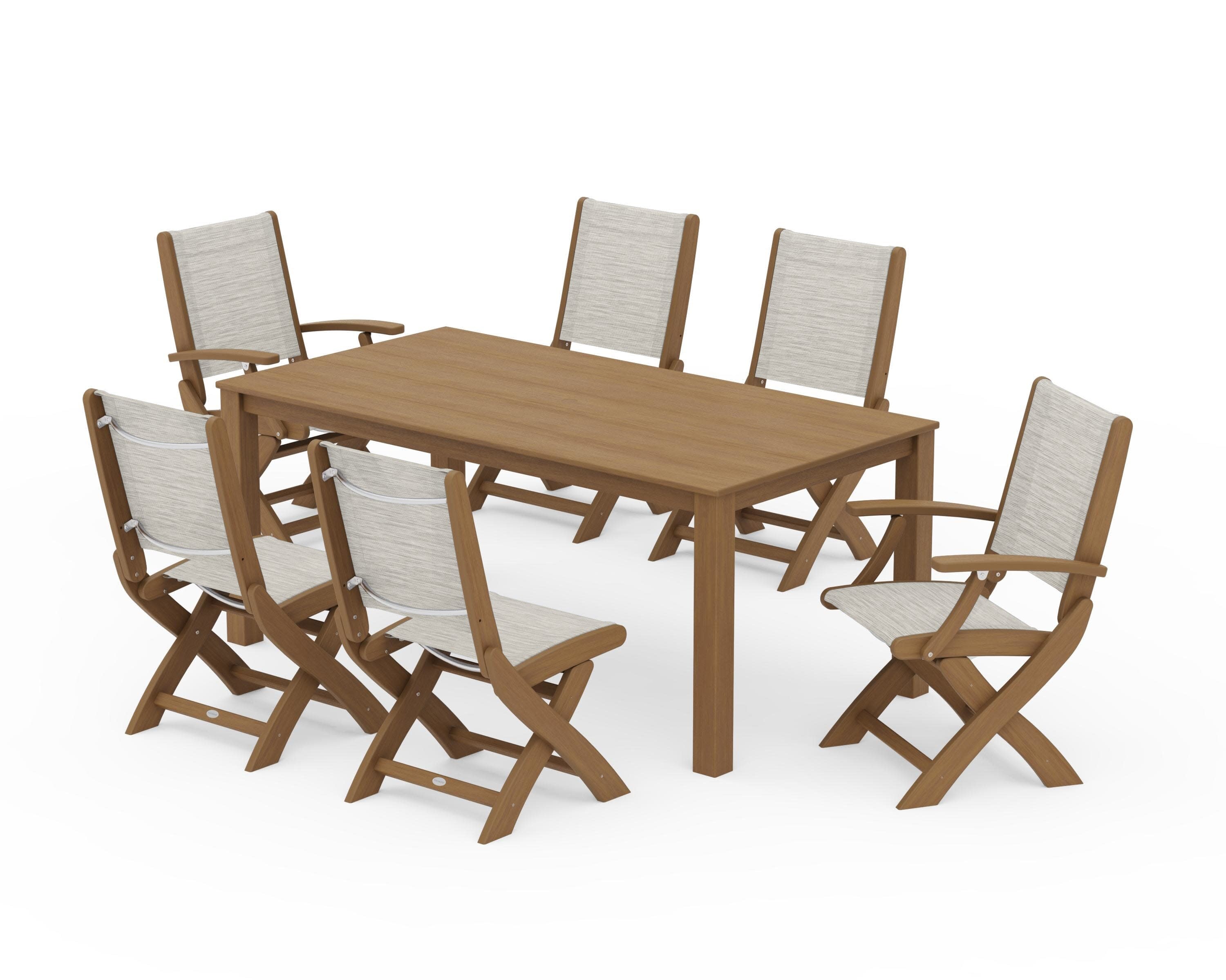 Coastal Folding Chair 7-Piece Parsons Dining Set in Natural / Birch Sling