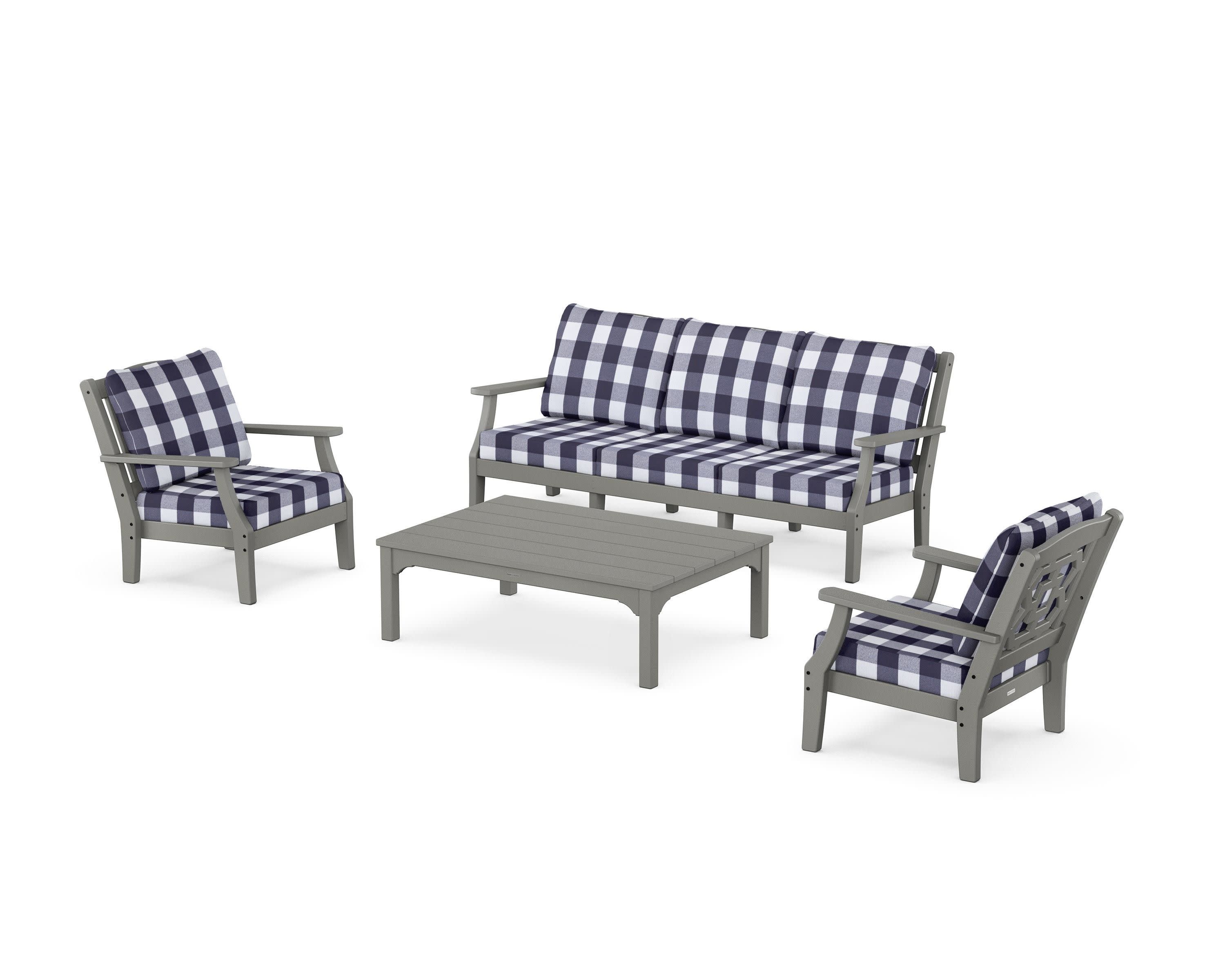 Chinoiserie 4-Piece Deep Seating Set with Sofa in Slate Grey / Buffalo Plaid Navy