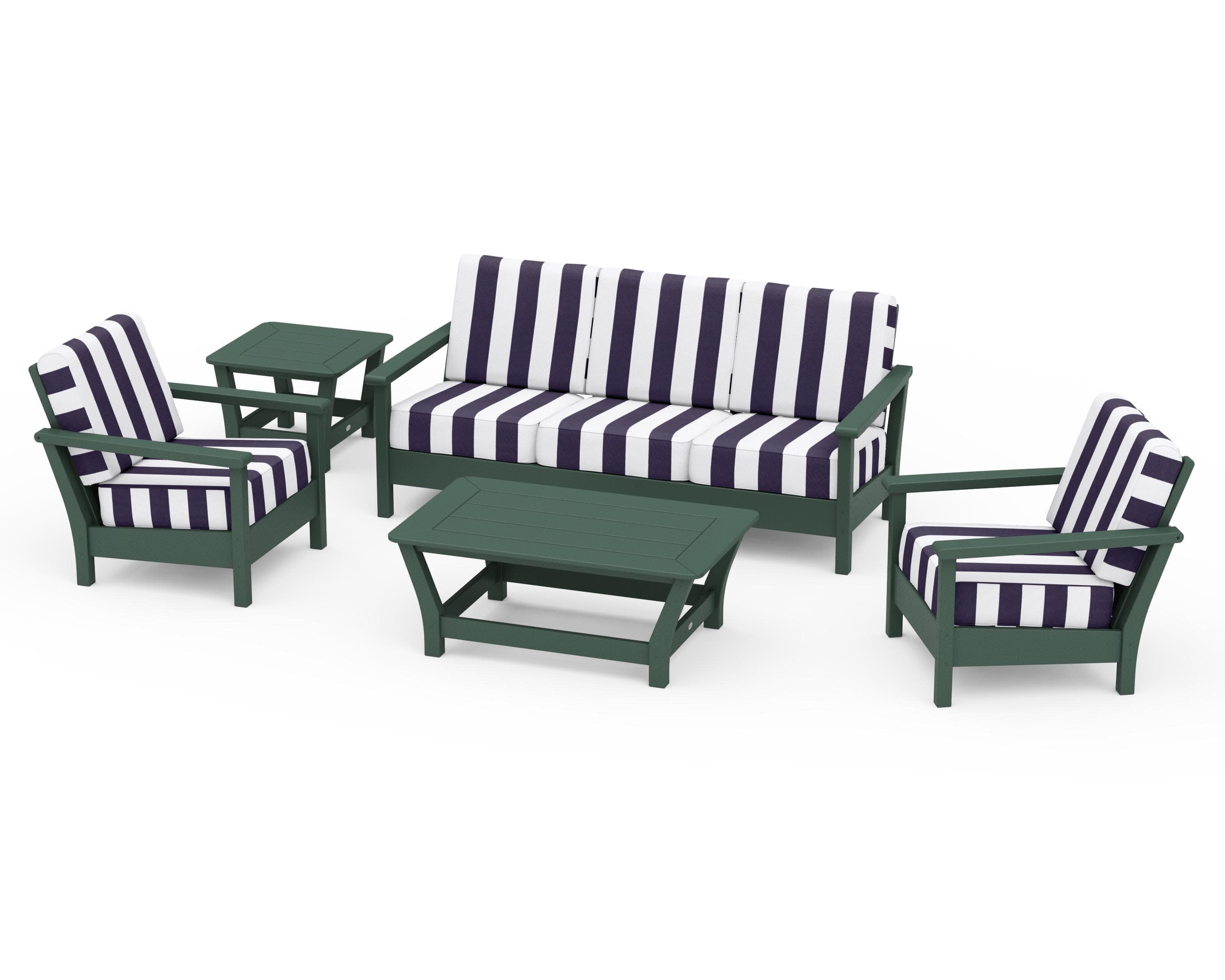 Harbour 5-Piece Deep Seating Set in Green / Cabana Stripe Navy