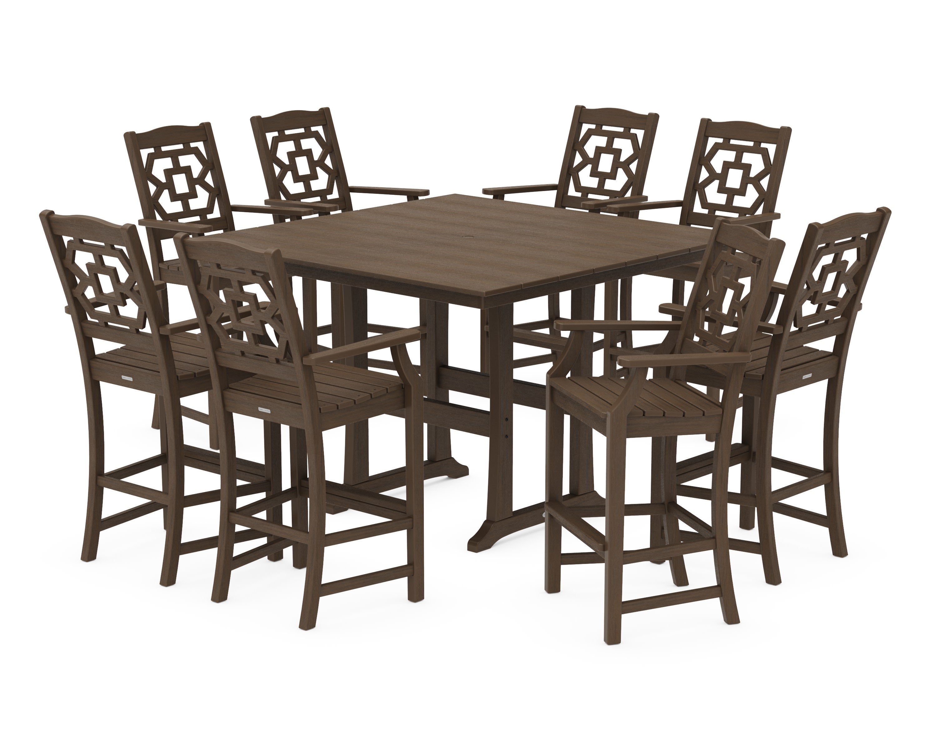 Chinoiserie 9-Piece Square Farmhouse Side Chair Bar Set with Trestle Legs in Kona