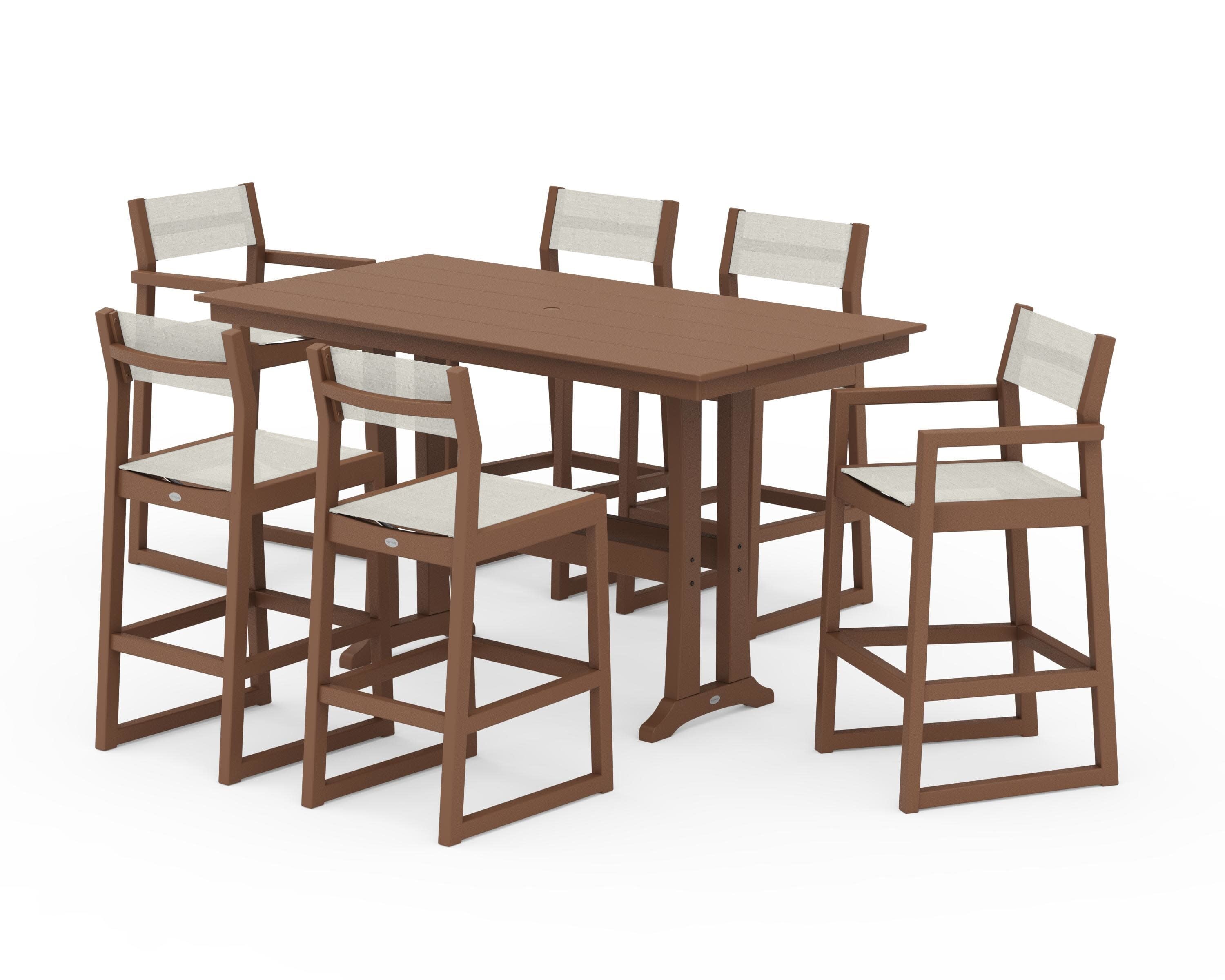 EDGE Sling 7-Piece Farmhouse Bar Set with Trestle Legs in Teak / Parchment Sling
