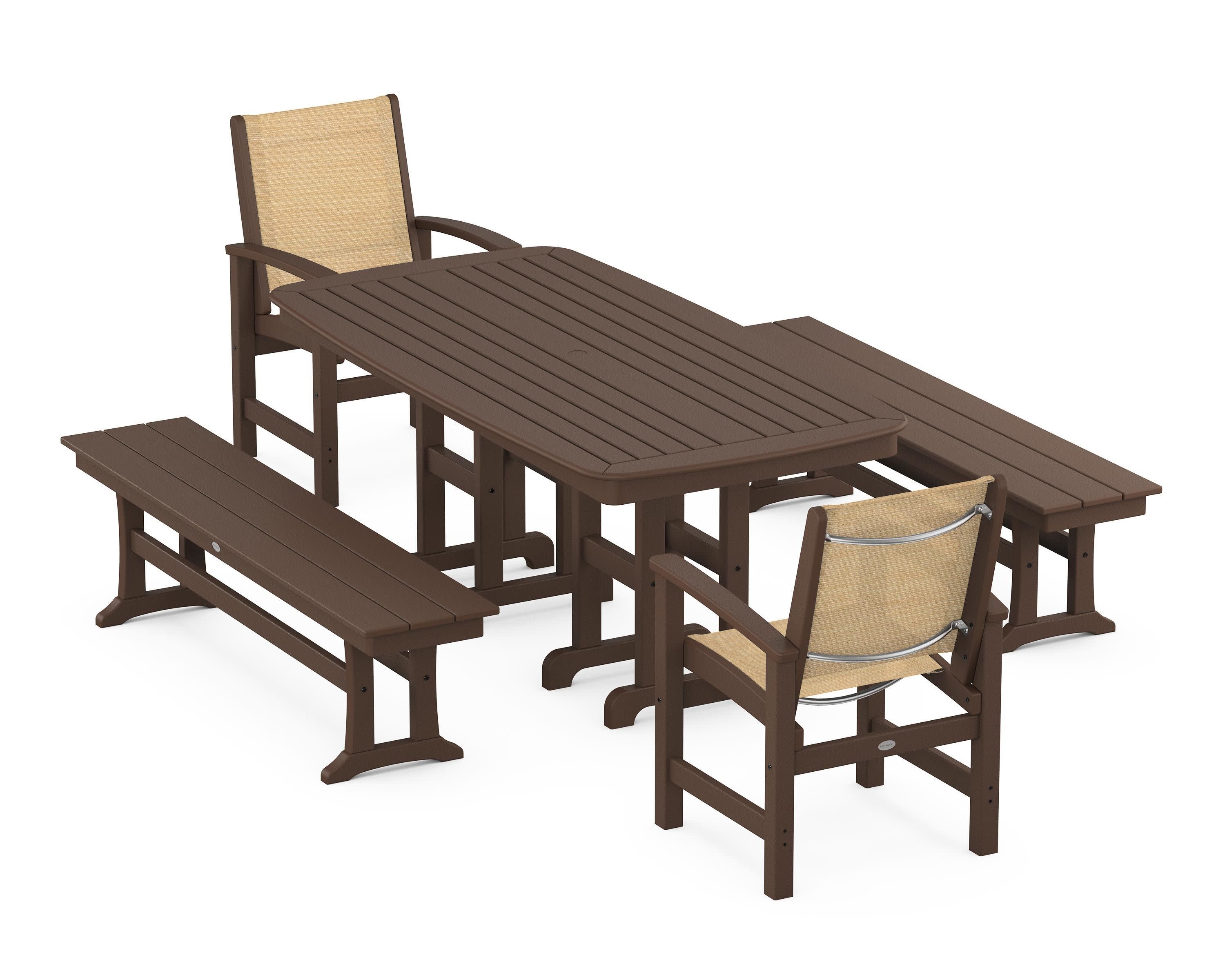 Coastal 5-Piece Dining Set in Mahogany / Dupioni Apricot Sling