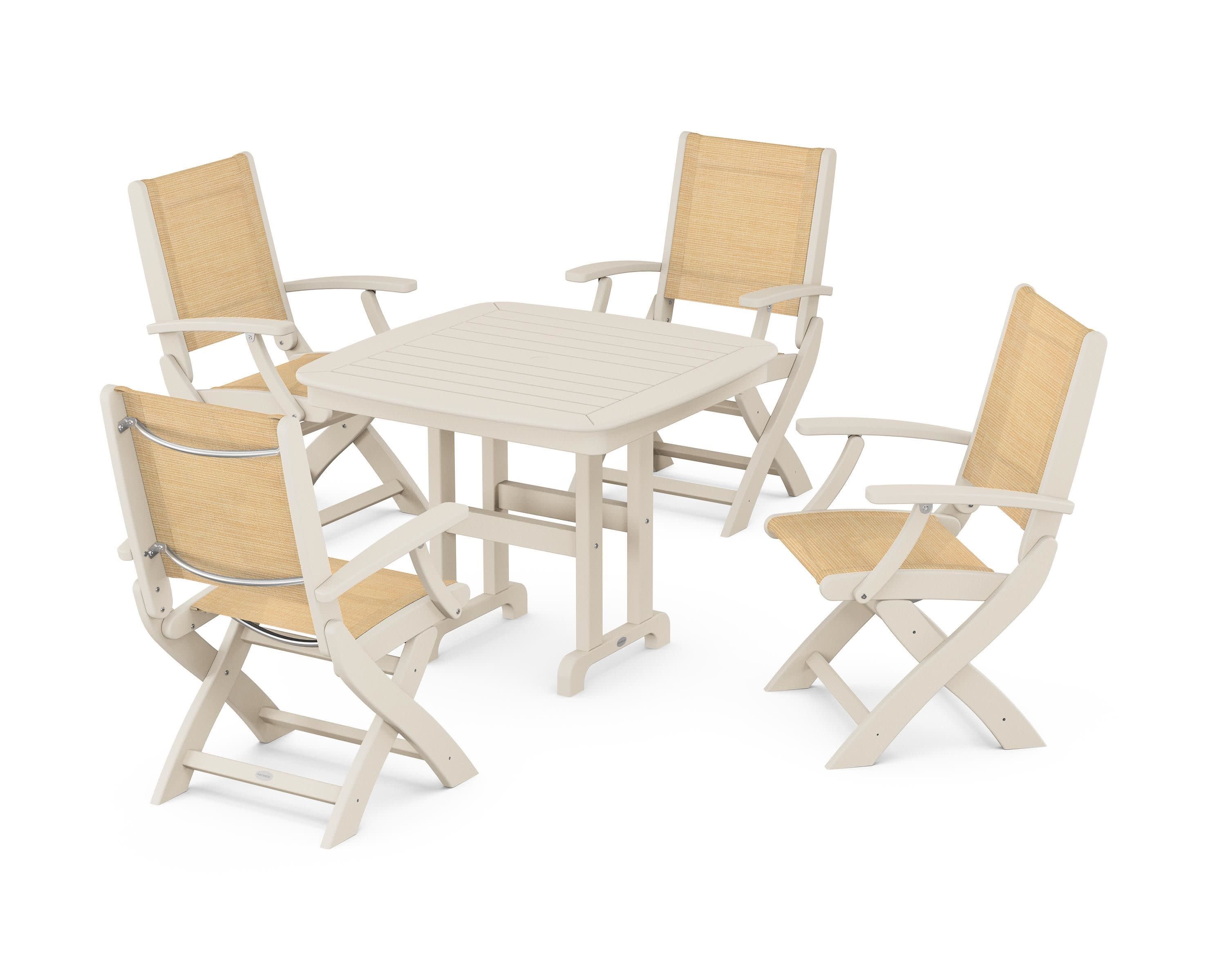 Coastal Folding Chair 5-Piece Dining Set in Sand / Dupioni Apricot Sling