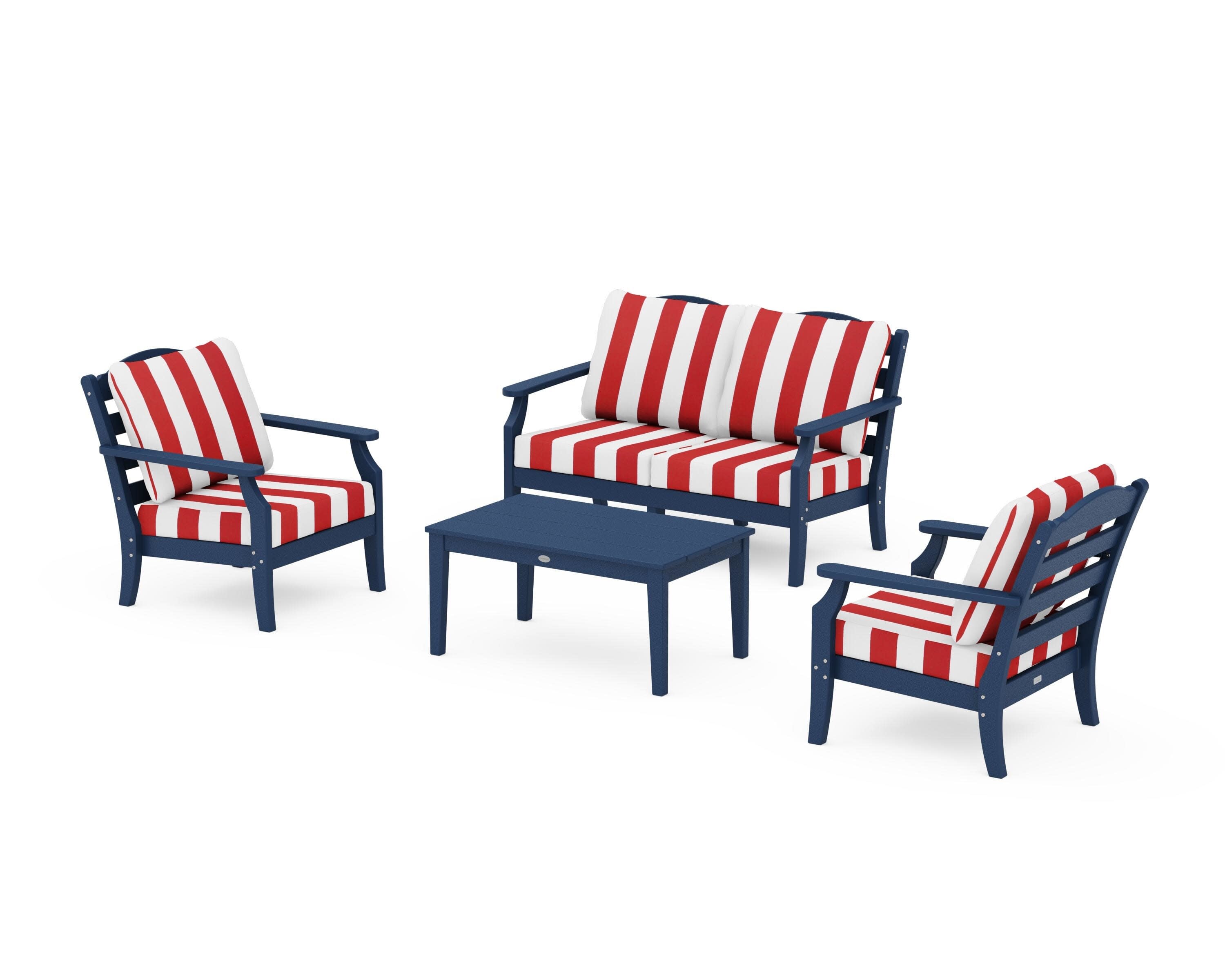 Savannah 4-Piece Deep Seating Set with Loveseat in Navy / Cabana Stripe Crimson