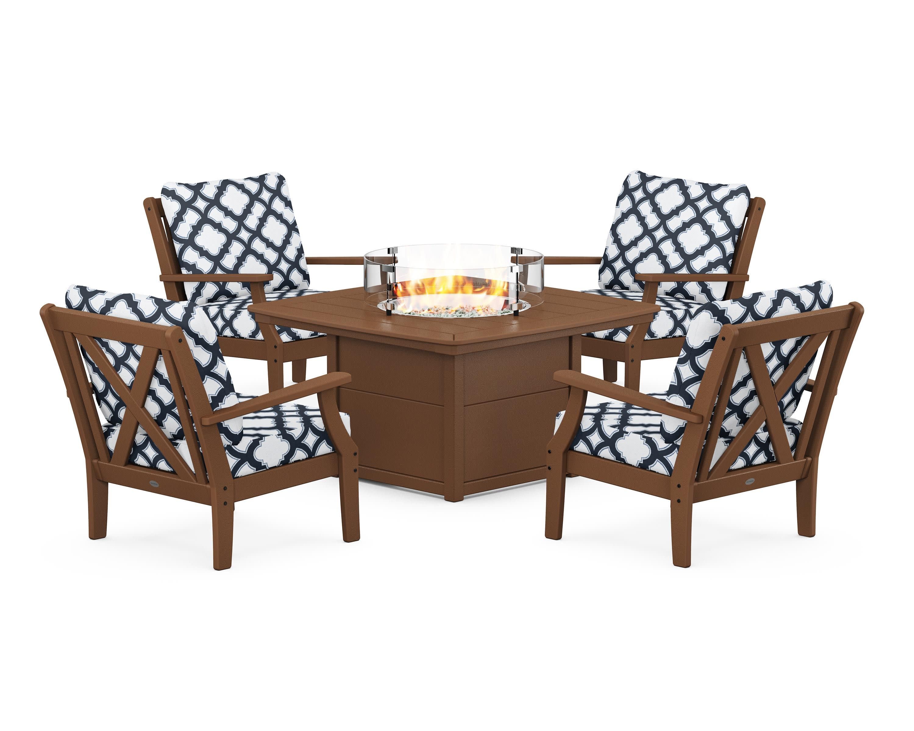 Braxton 5-Piece Deep Seating Conversation Set with Fire Pit Table in Teak / Trellis Marine Indigo