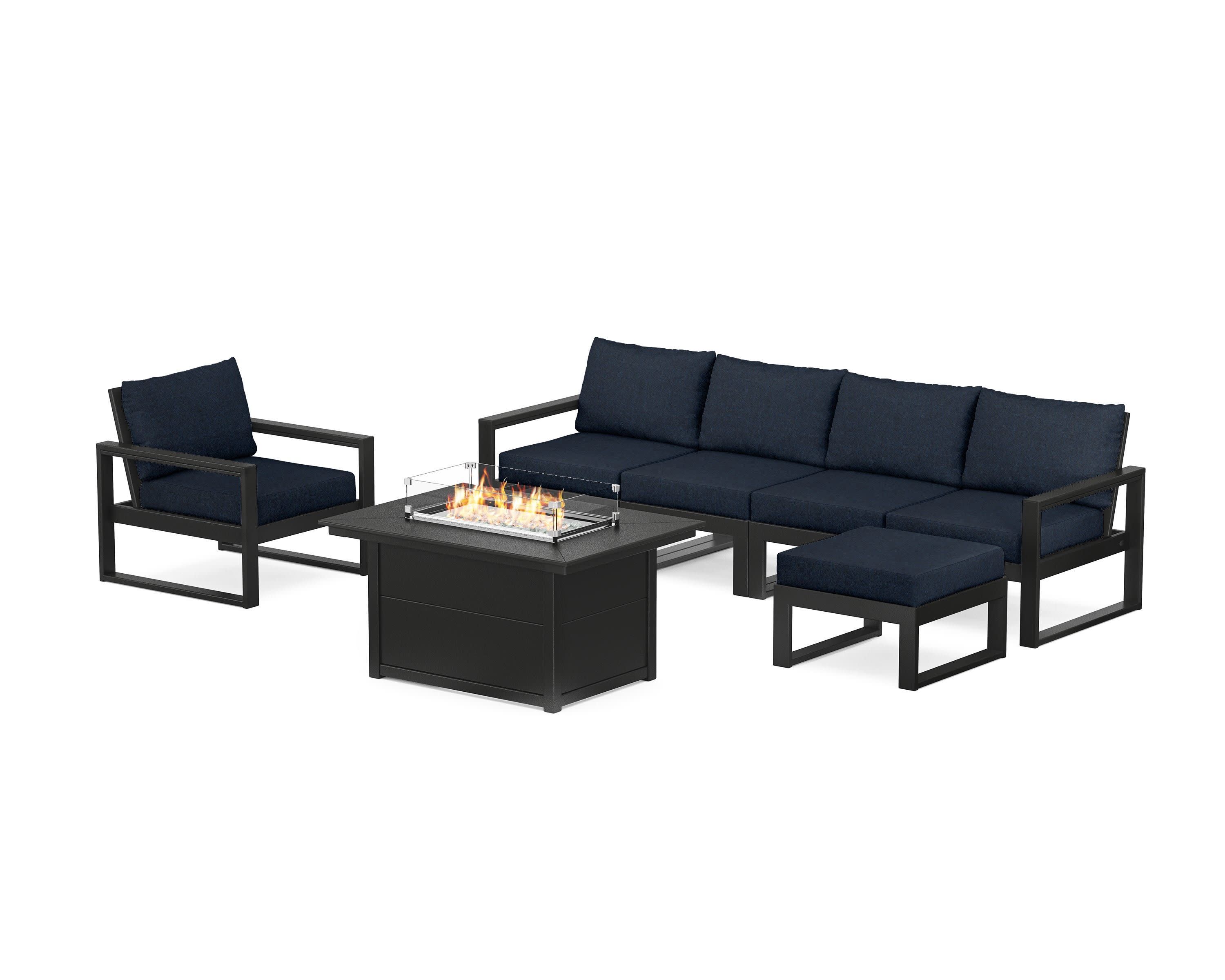 EDGE Sectional Lounge and Fire Pit Set in Black / Marine Indigo
