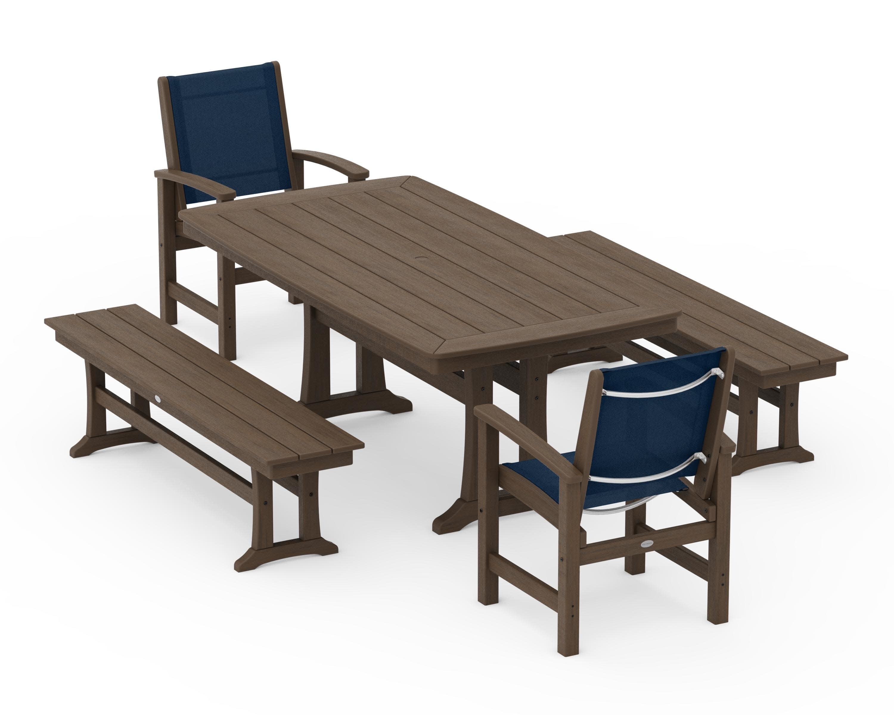 Coastal 5-Piece Dining Set with Trestle Legs and Benches in Kona / Navy Blue Sling