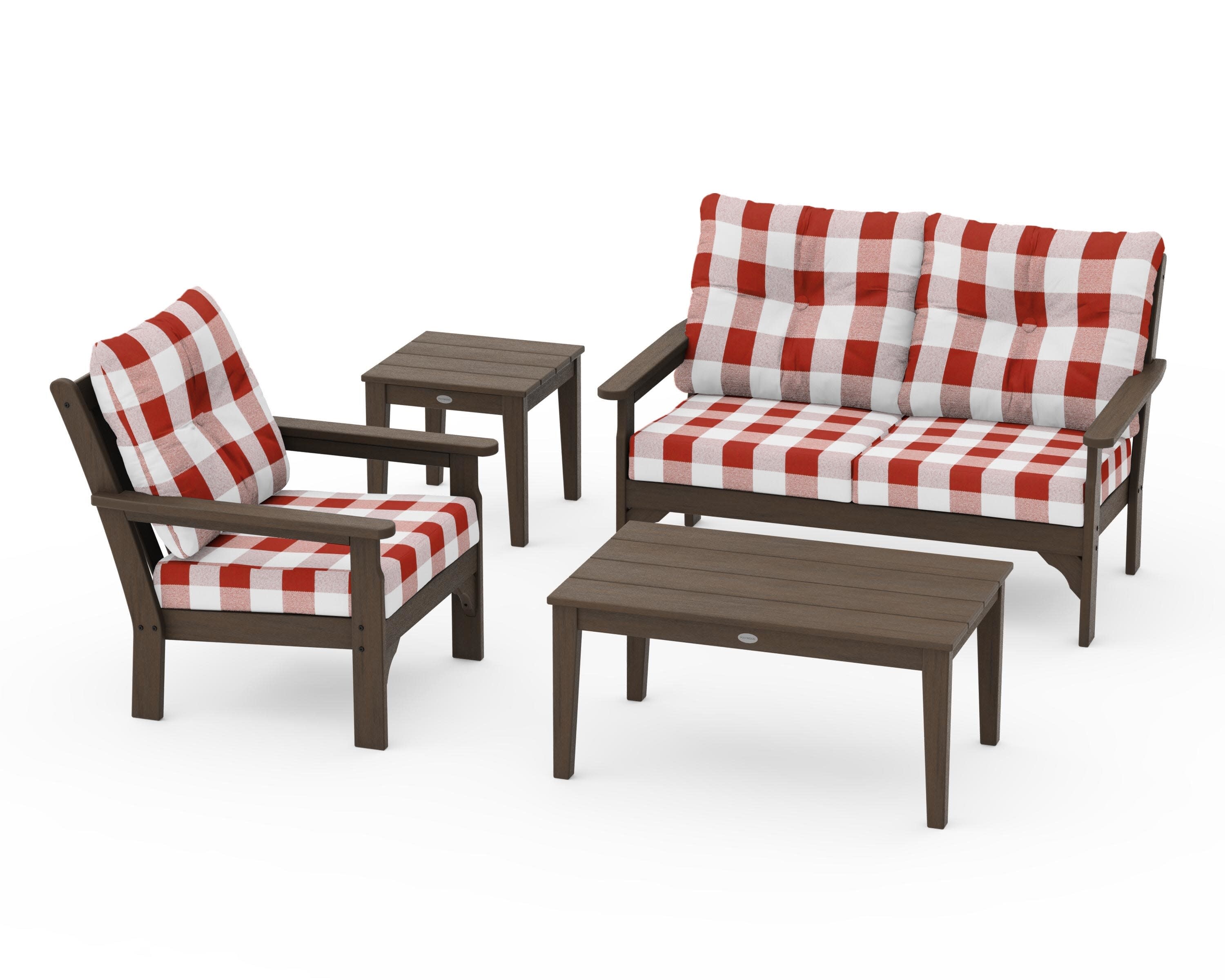 Vineyard 4-Piece Deep Seating Set in Kona / Buffalo Plaid Crimson