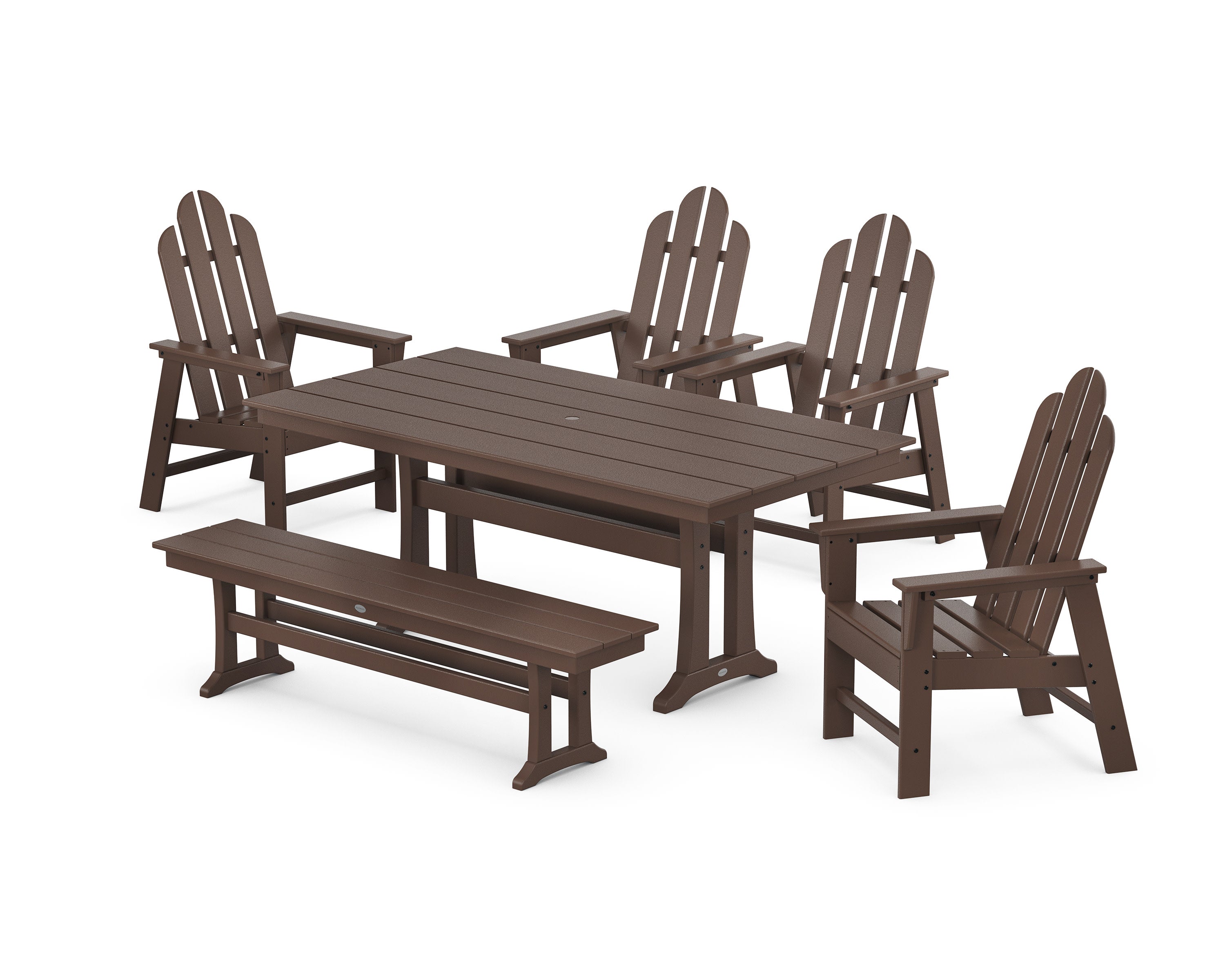 Long Island 6-Piece Farmhouse Dining Set with Trestle Legs and Bench in Mahogany