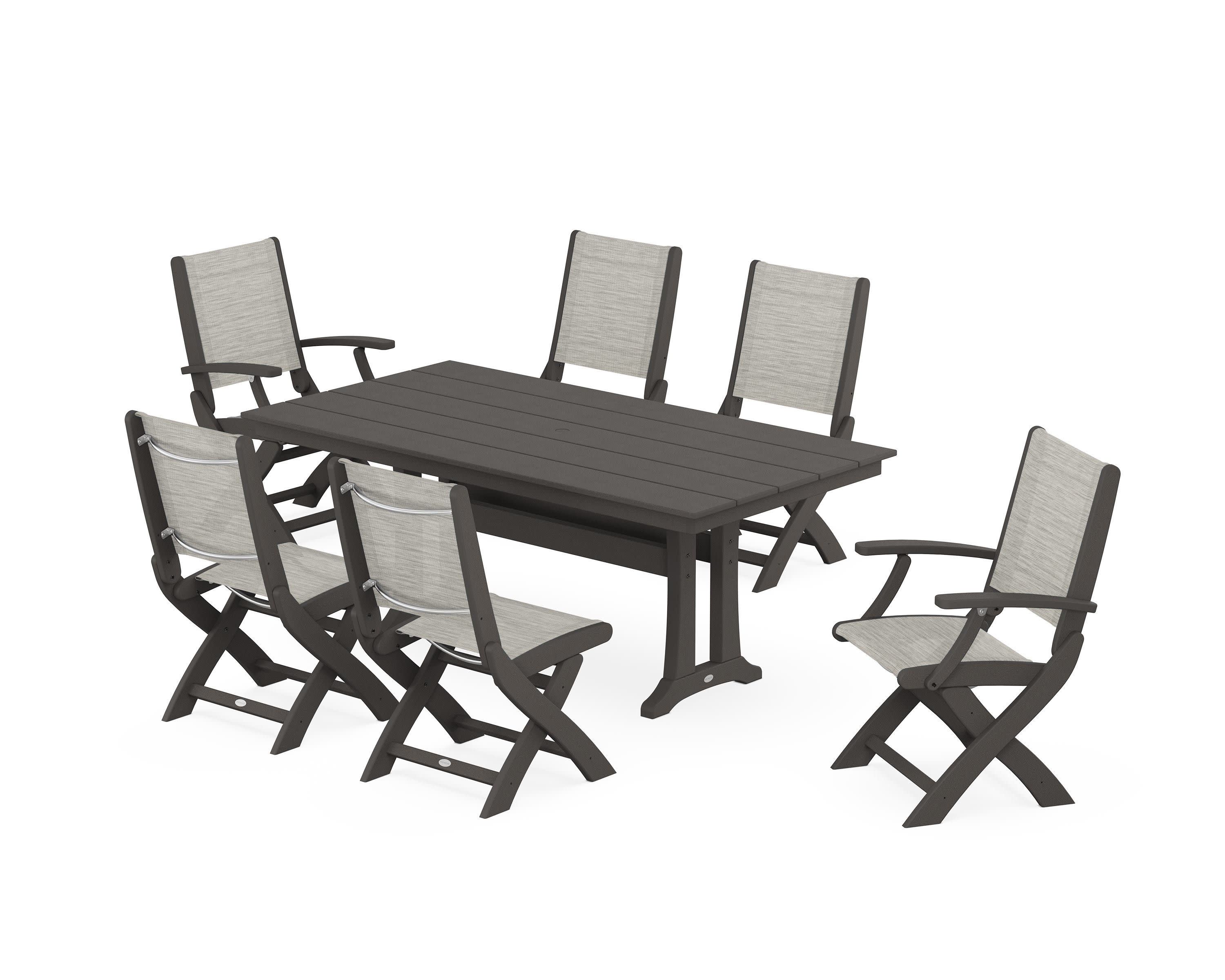 Coastal Folding Chair 7-Piece Farmhouse Dining Set with Trestle Legs in Vintage Coffee / Birch Sling