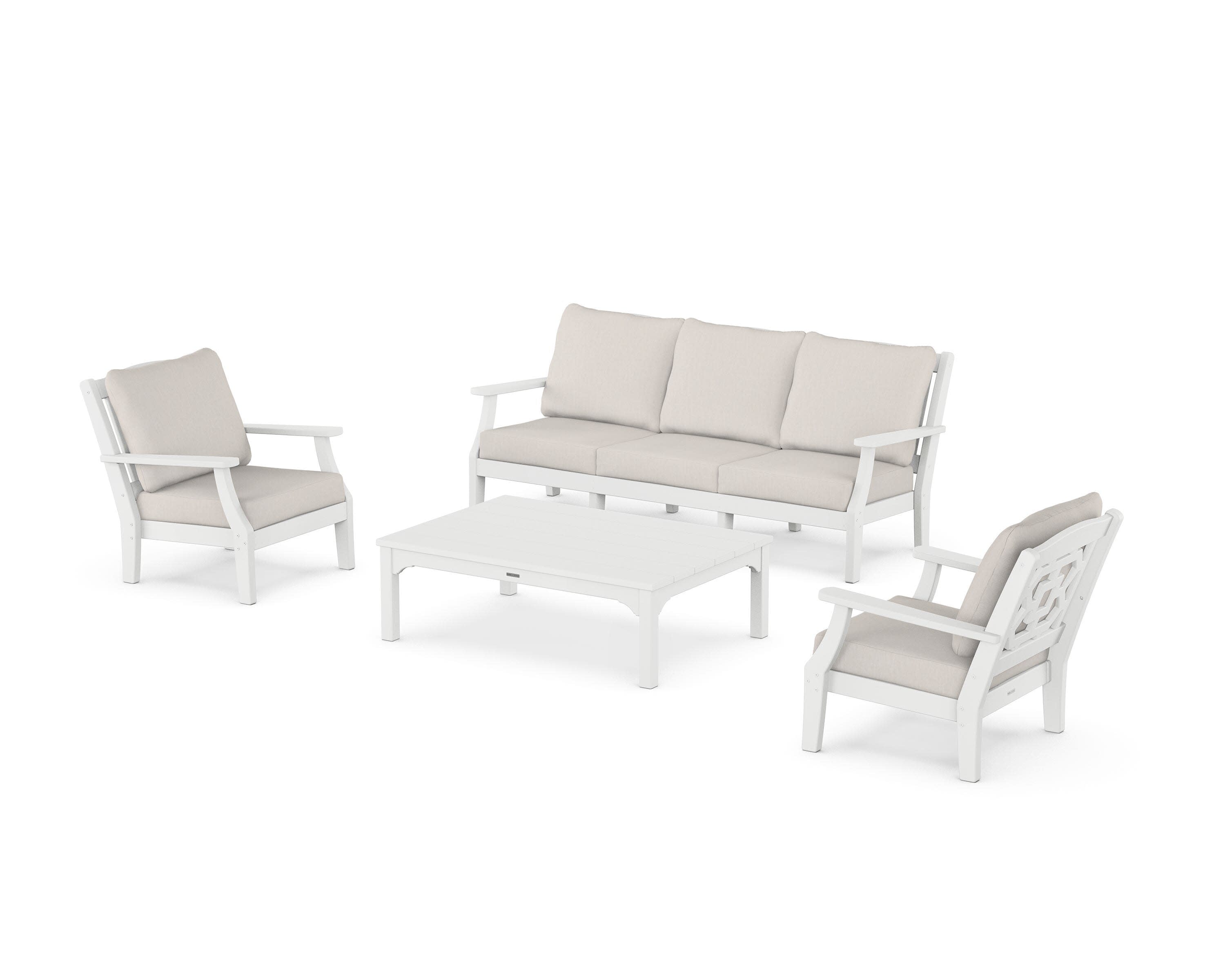 Chinoiserie 4-Piece Deep Seating Set with Sofa in White / Cast Ash