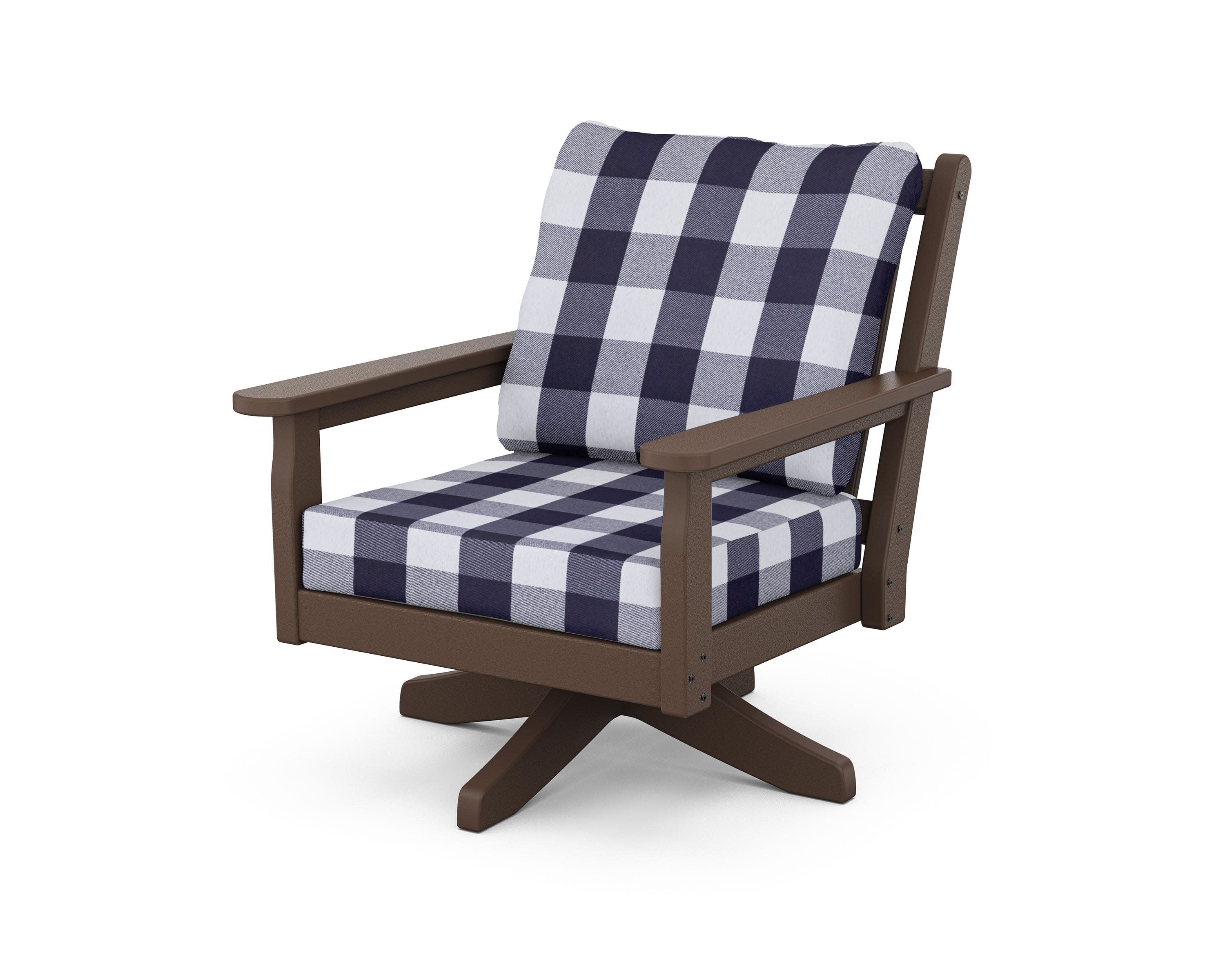 Chippendale Deep Seating Swivel Chair in Mahogany / Buffalo Plaid Navy