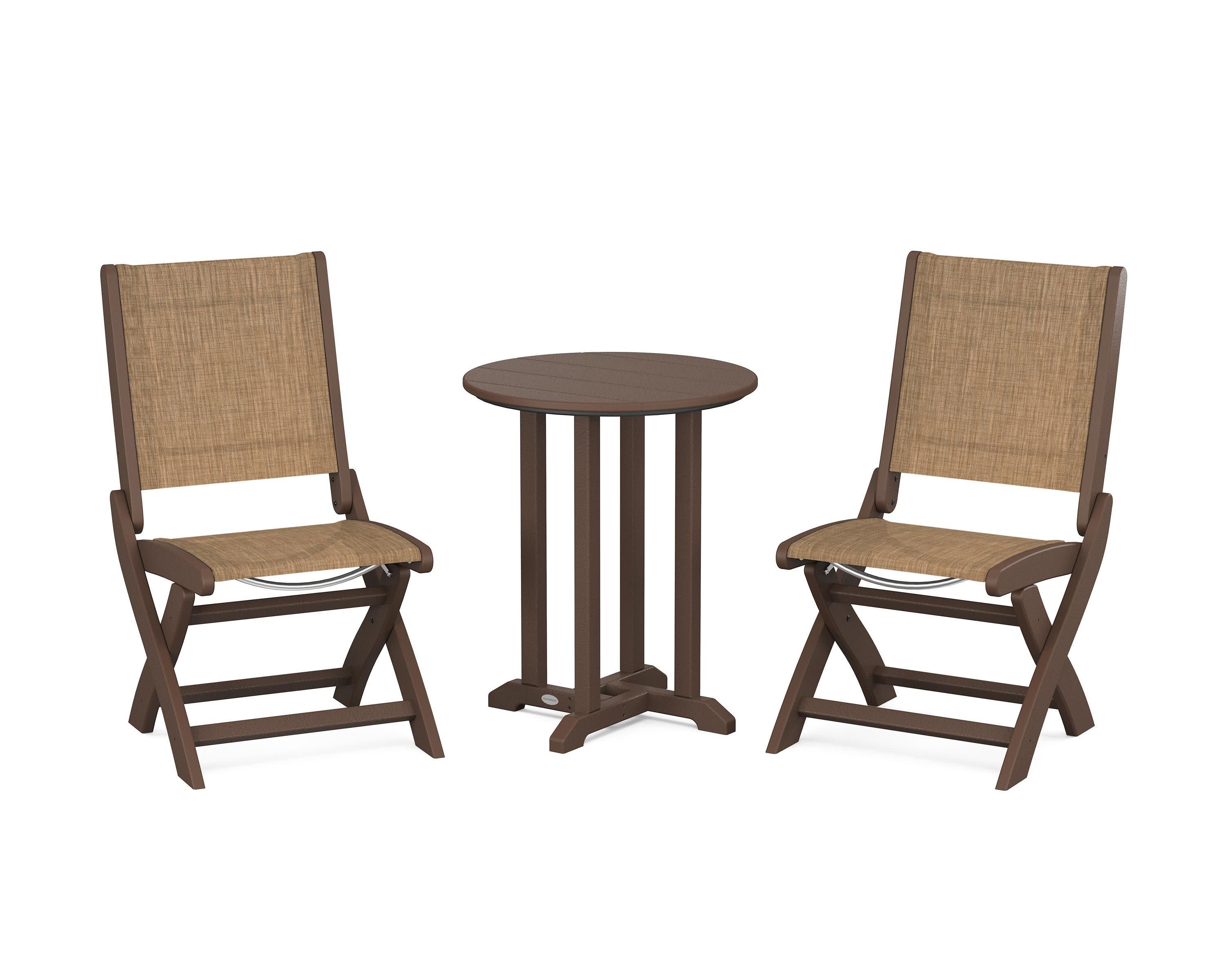 Coastal Folding Side Chair 3-Piece Round Bistro Dining Set in Mahogany / Burlap Sling