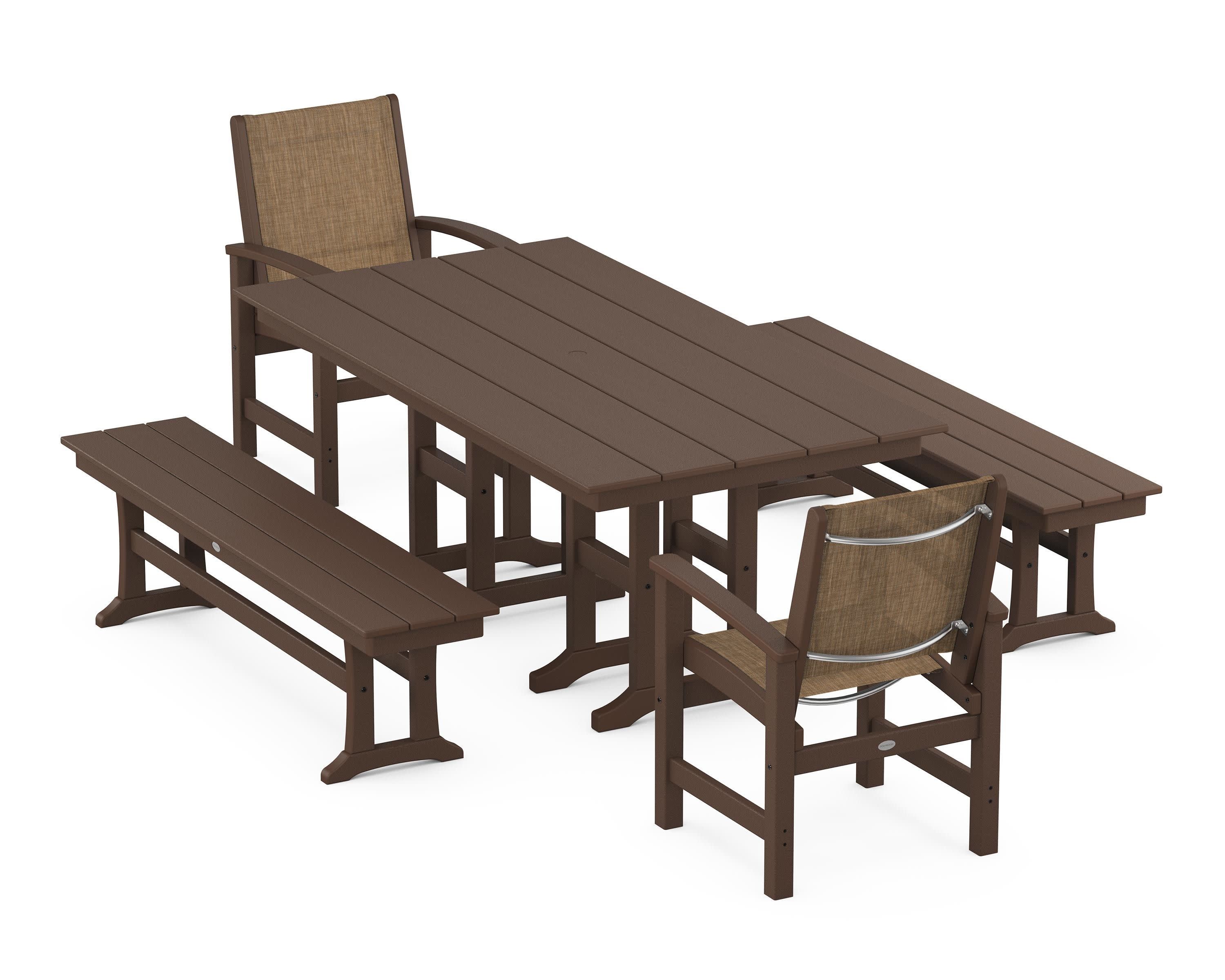 Coastal 5-Piece Farmhouse Dining Set in Mahogany / Burlap Sling
