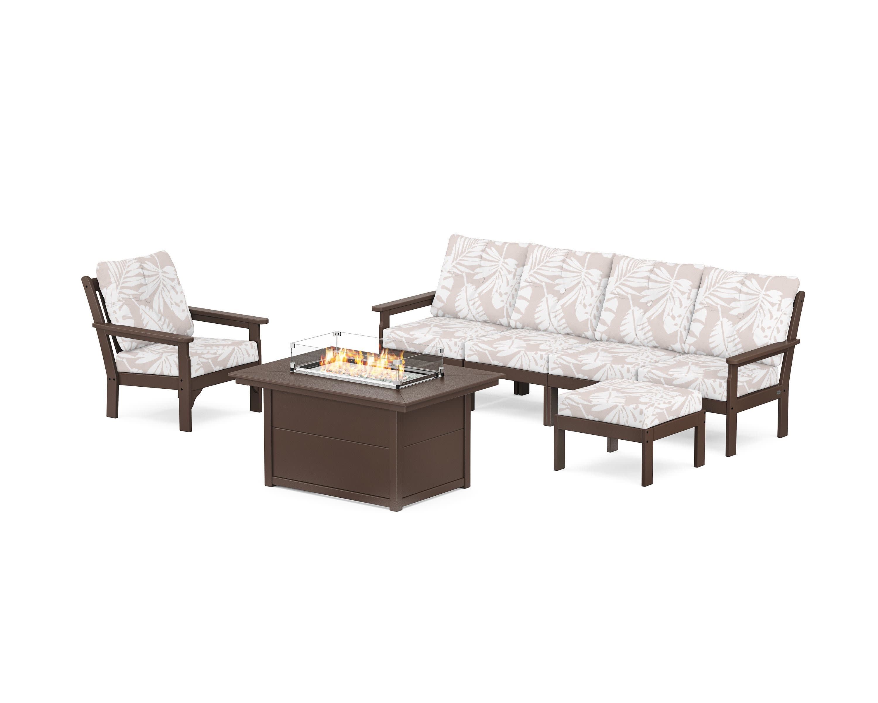 Vineyard Sectional Lounge and Fire Pit Set in Mahogany / Leaf Dune Burlap