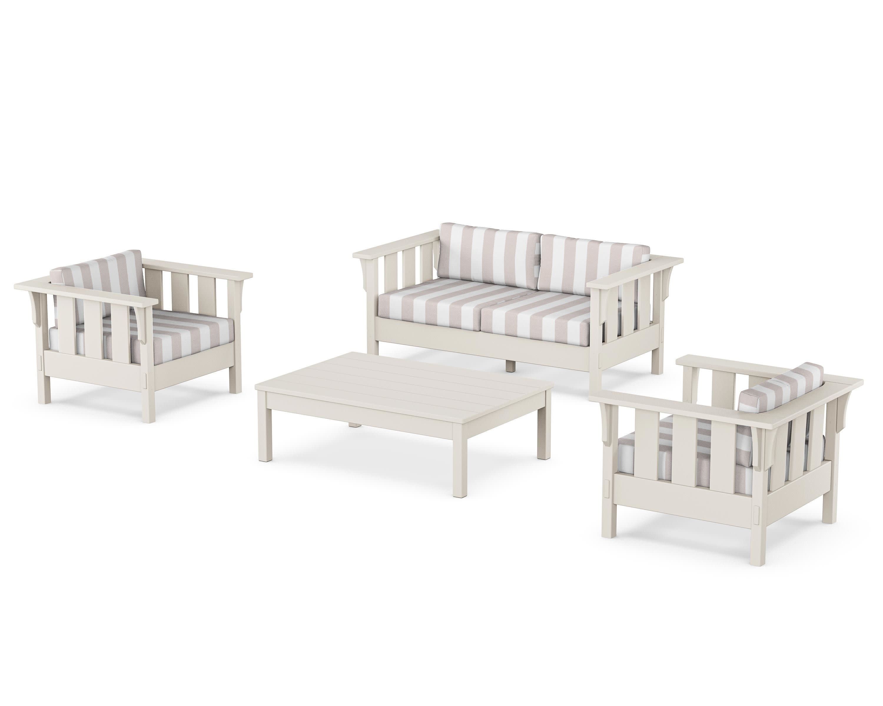 Acadia 4-Piece Deep Seating Set with Loveseat in Sand / Cabana Stripe Dune Burlap