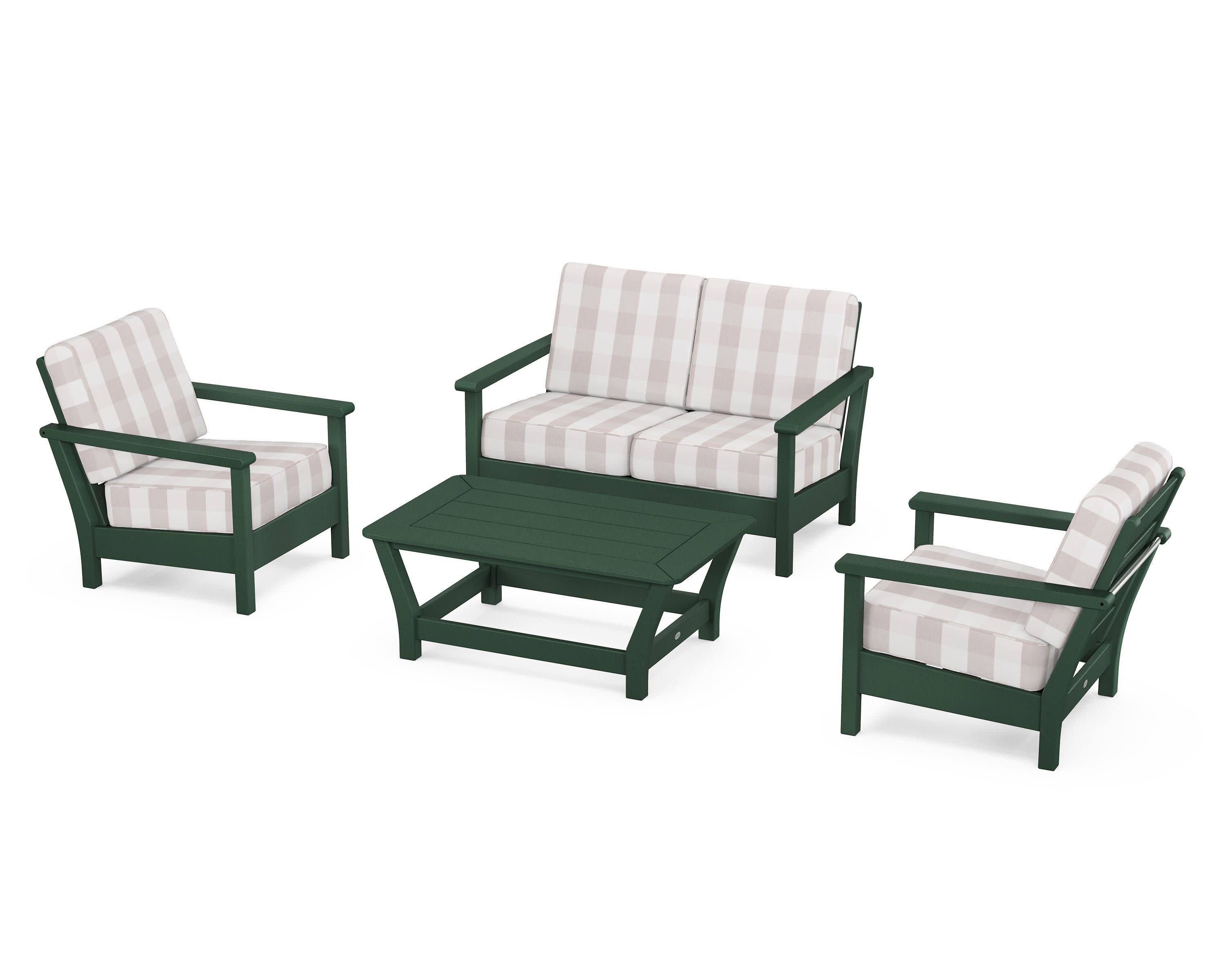 Harbour 4-Piece Deep Seating Set in Green / Buffalo Plaid Dune Burlap