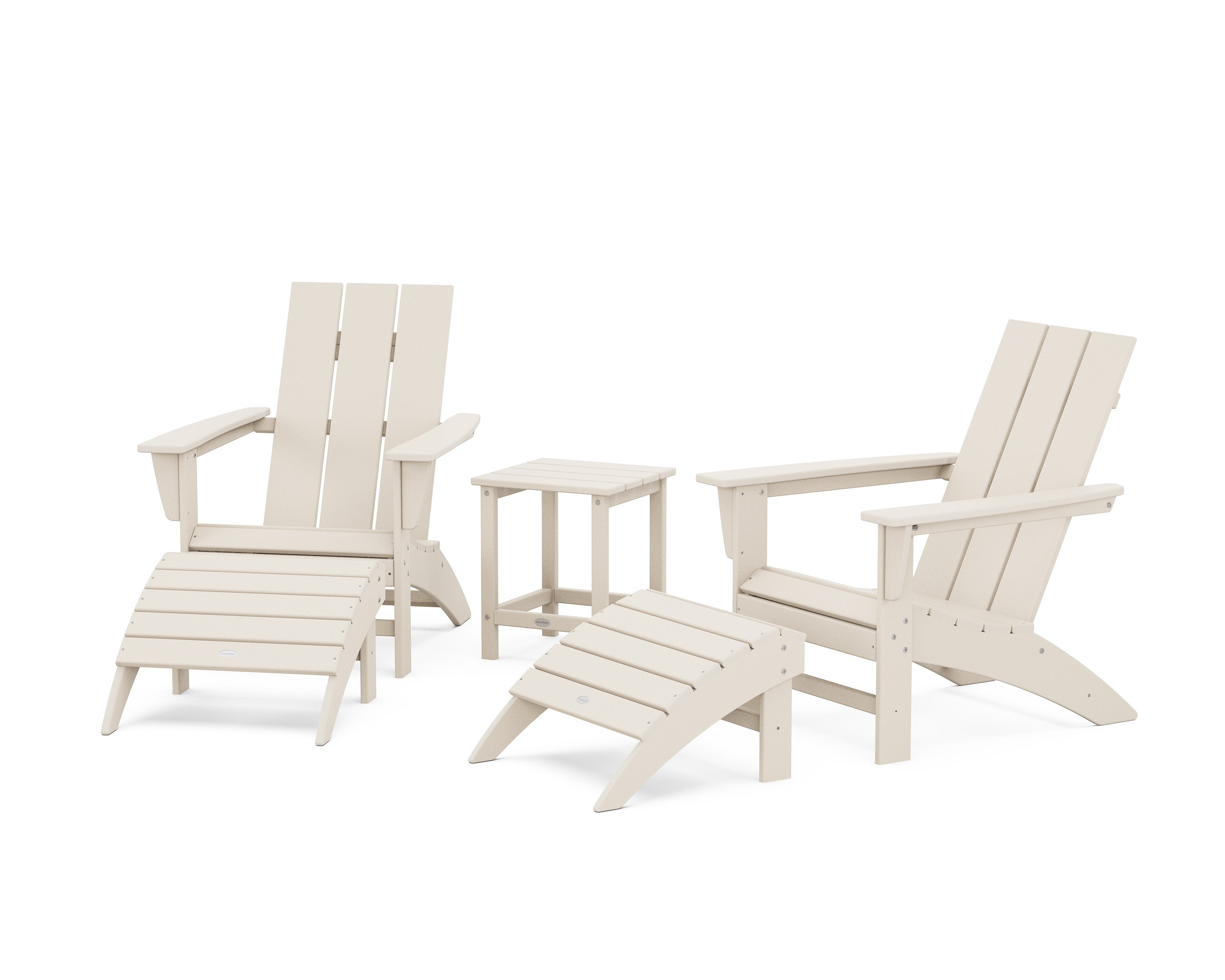 Modern Adirondack Chair 5-Piece Set with Ottomans and 18" Side Table in Sand