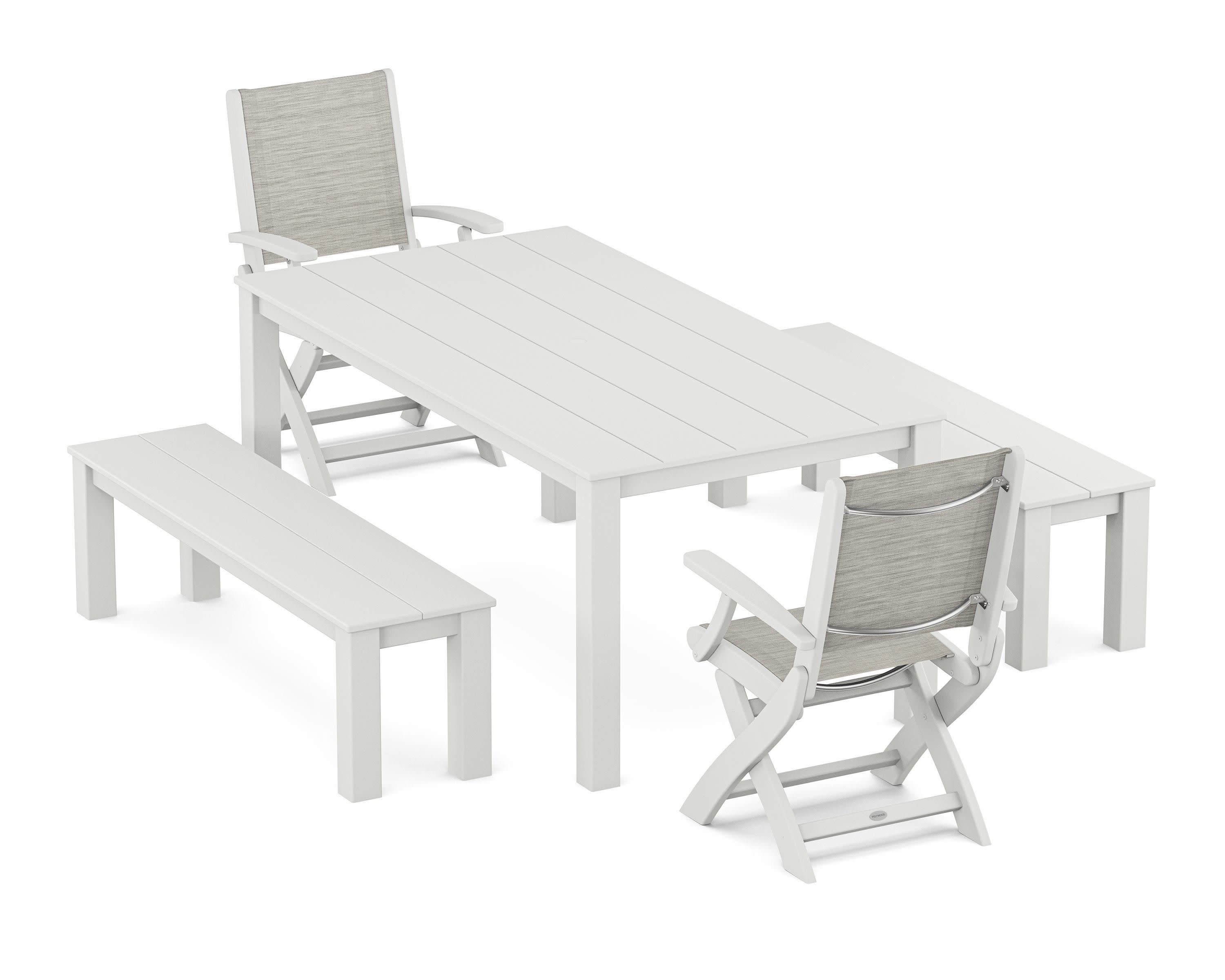 Coastal Folding Chair 5-Piece Parsons Dining Set with Benches in White / Birch Sling