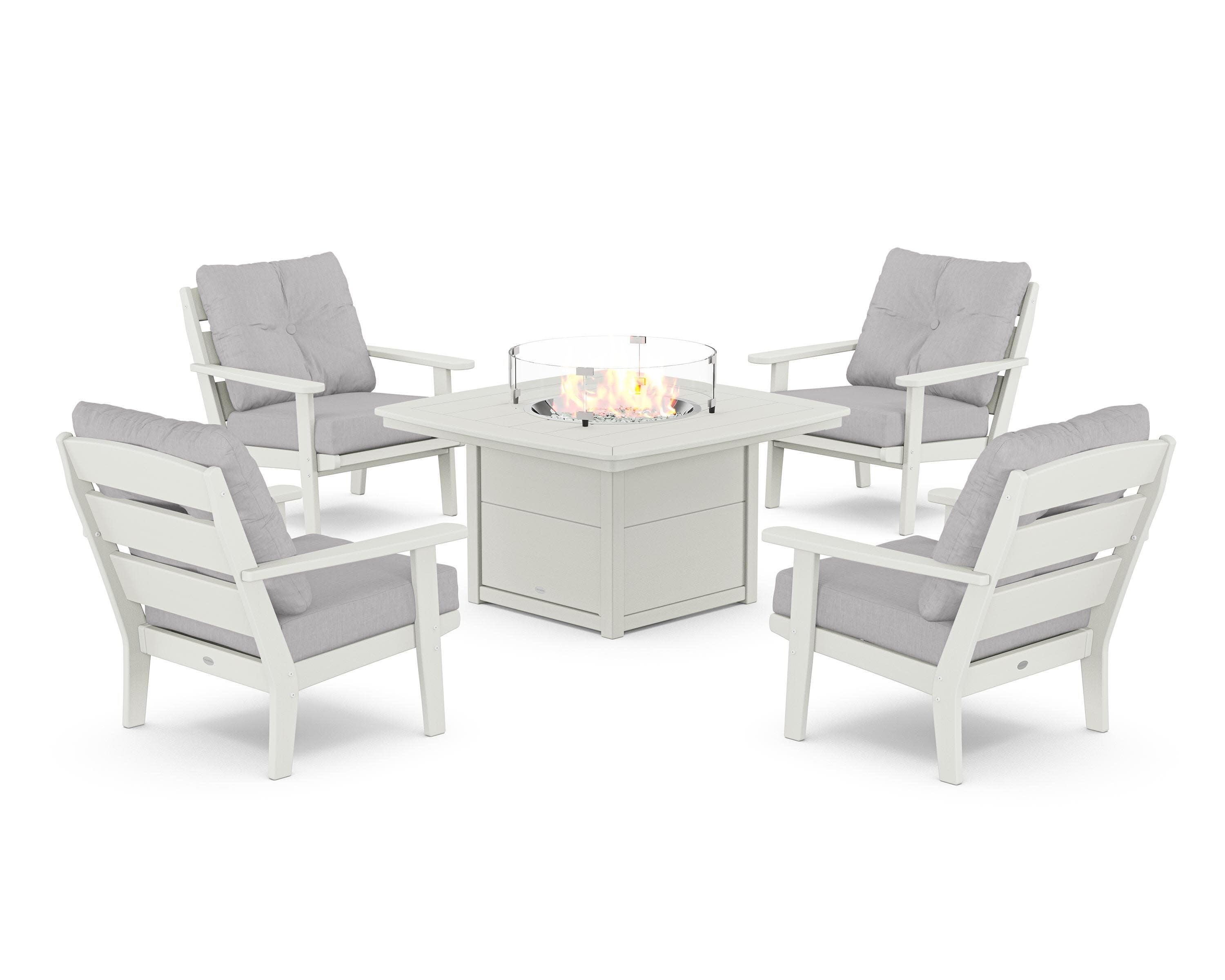 Lakeside 5-Piece Deep Seating Set with Nautical Fire Pit Table in Vintage White / Granite