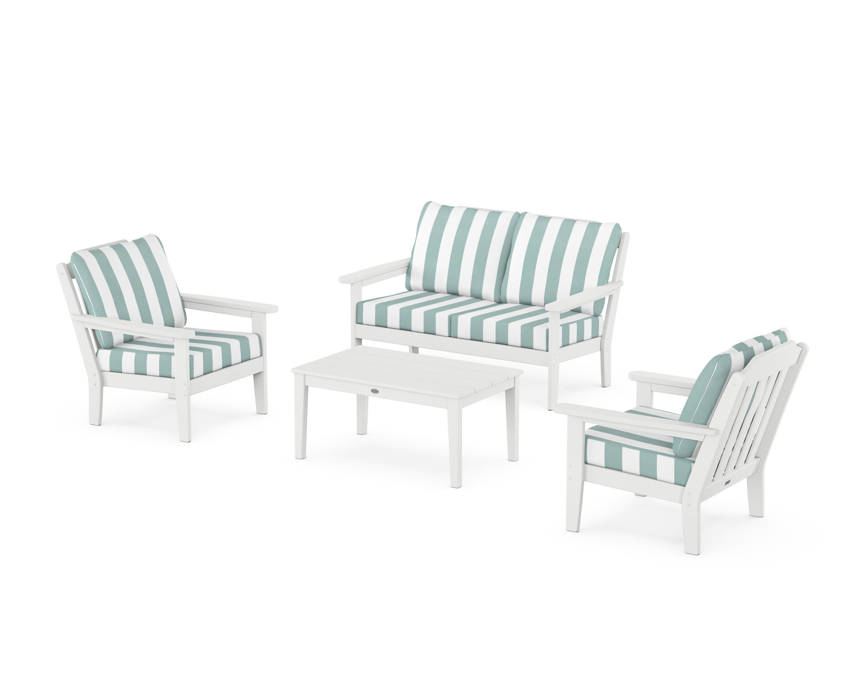 Cottage 4-Piece Deep Seating Set with Loveseat in White / Cabana Stripe Glacier Spa