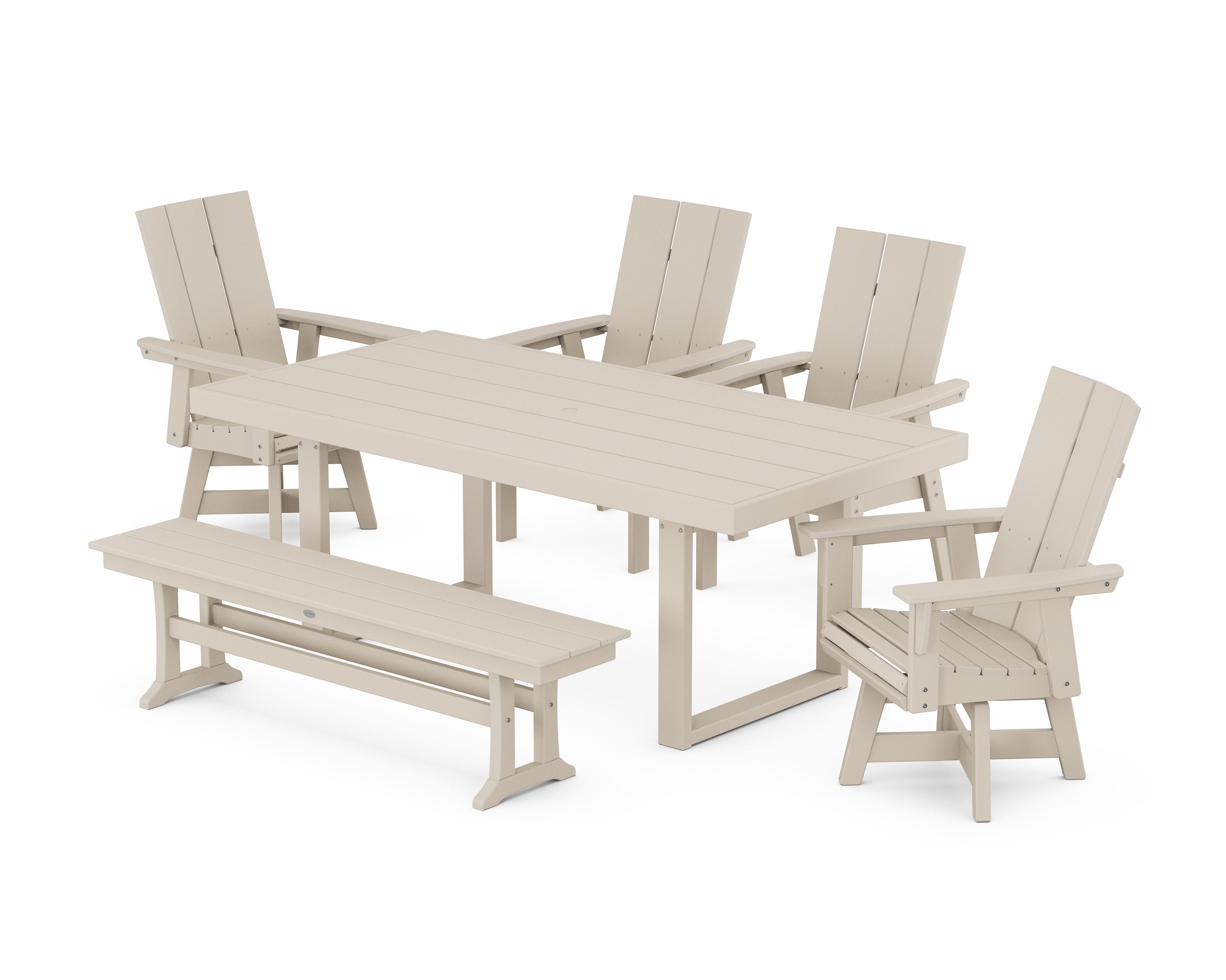 Modern Curveback Adirondack Swivel Chair 6-Piece Dining Set with Bench in Sand