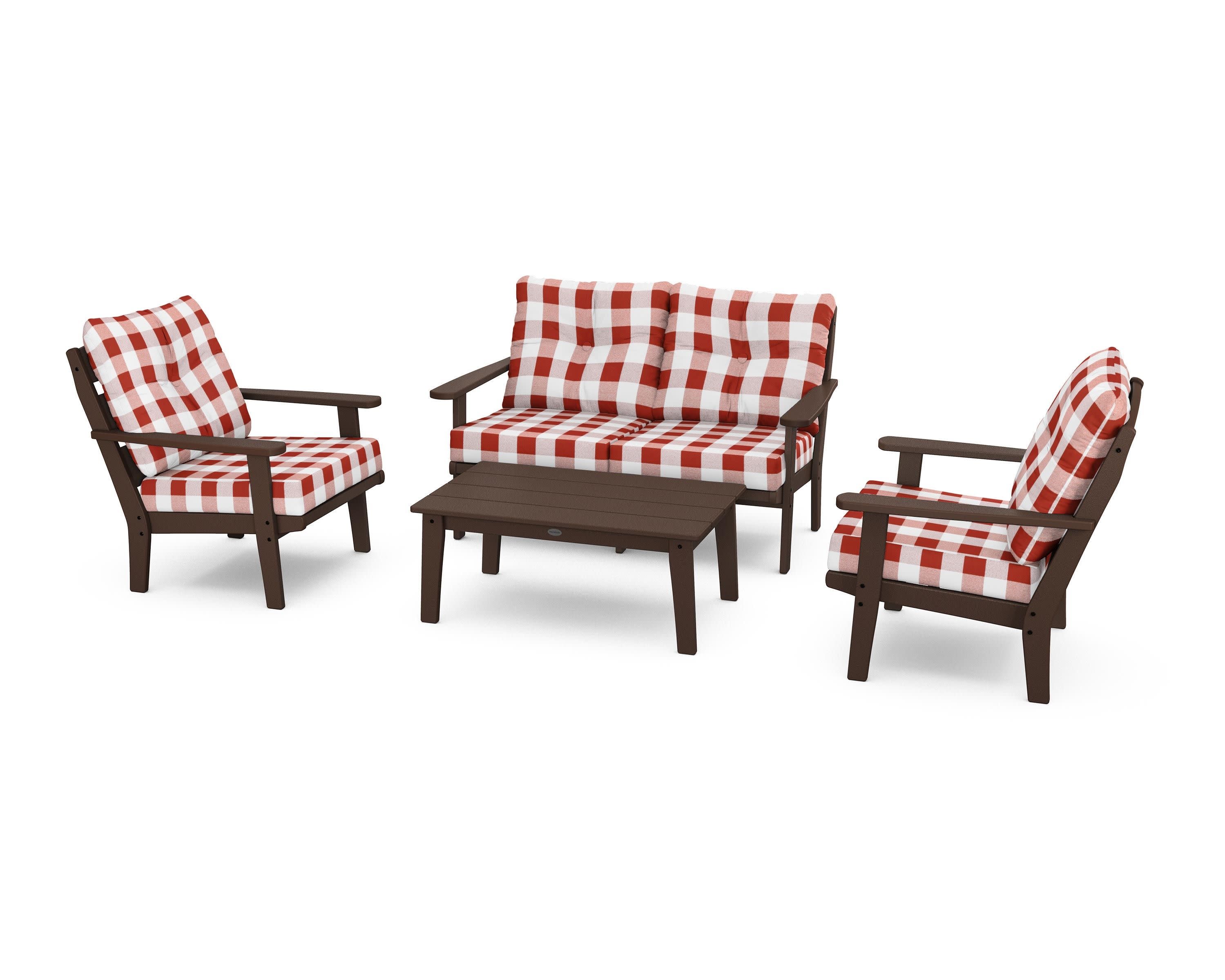 Lakeside 4-Piece Deep Seating Set in Mahogany / Buffalo Plaid Crimson