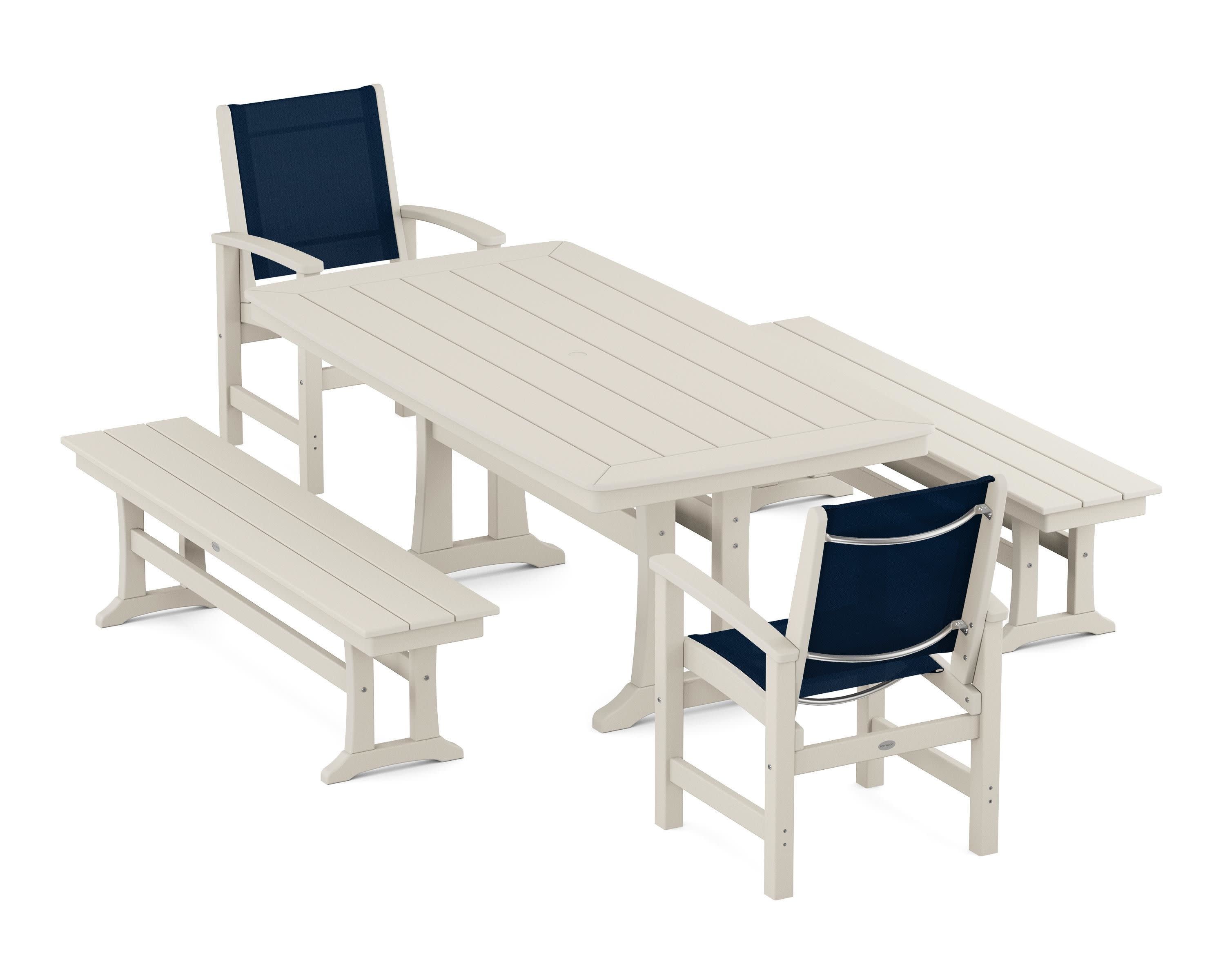 Coastal 5-Piece Dining Set with Trestle Legs and Benches in Sand / Navy Blue Sling