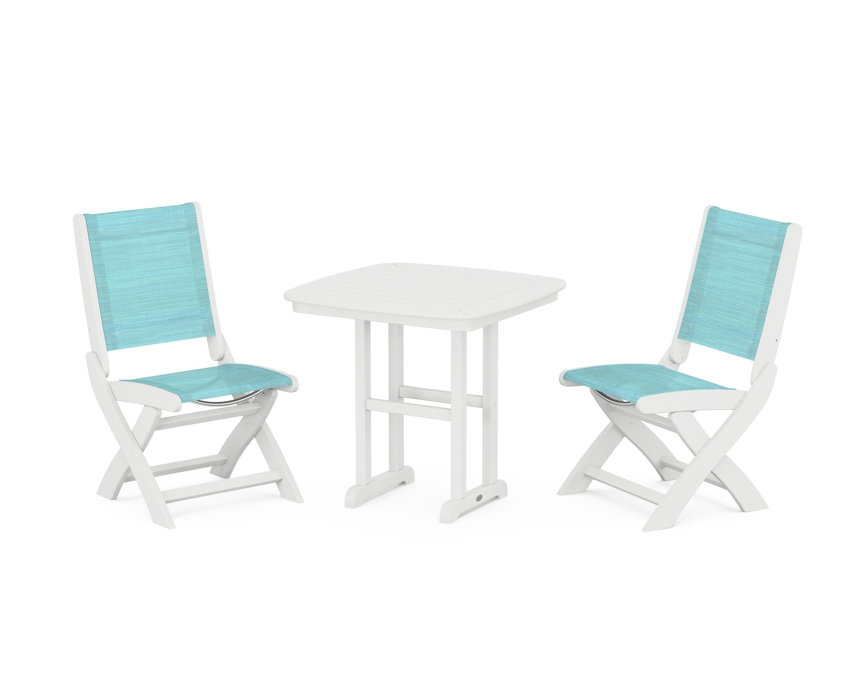 Coastal Folding Side Chair 3-Piece Dining Set in White / Dupioni Aquamarine Sling
