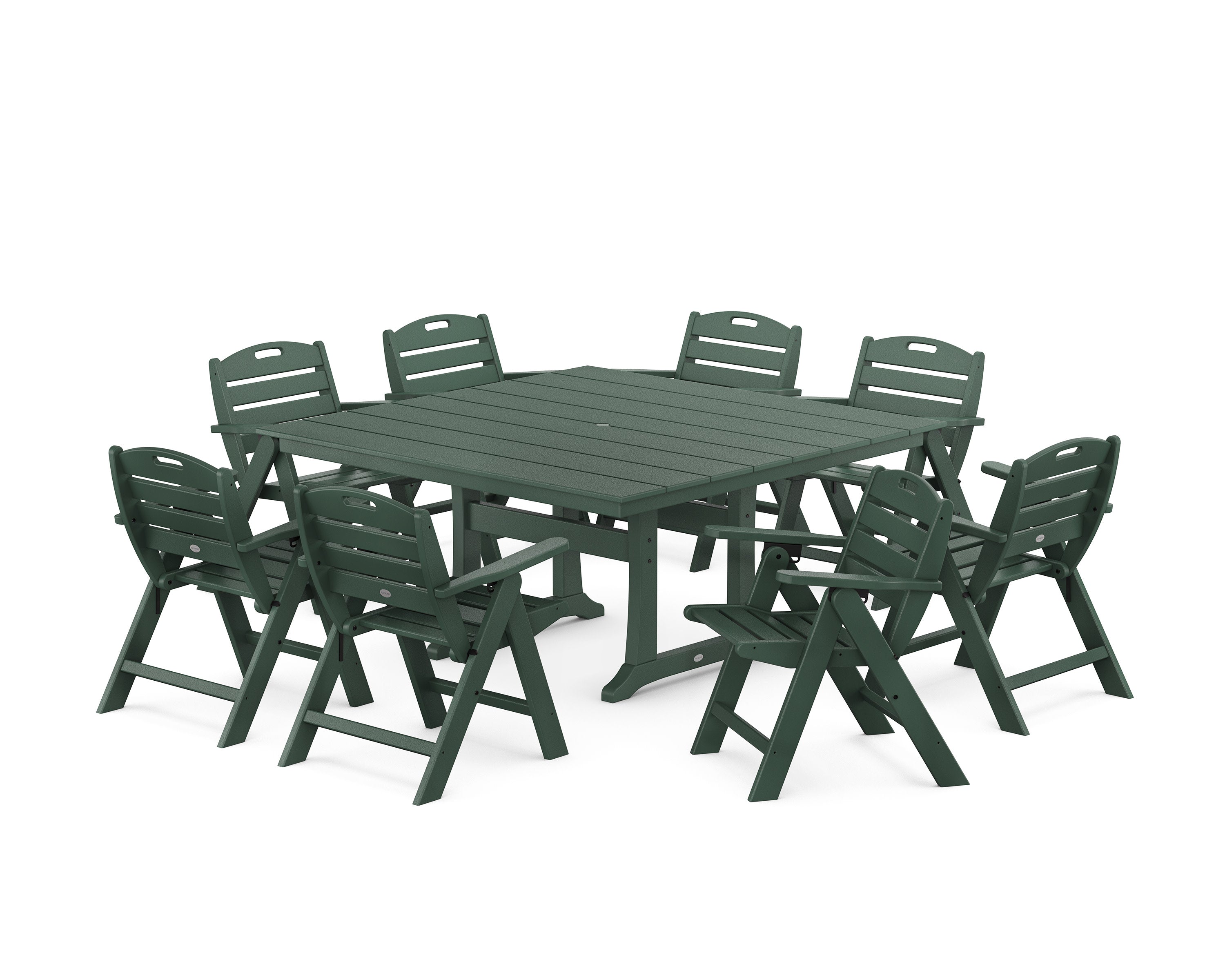 Nautical Lowback 9-Piece Square Farmhouse Dining Set with Trestle Legs in Green