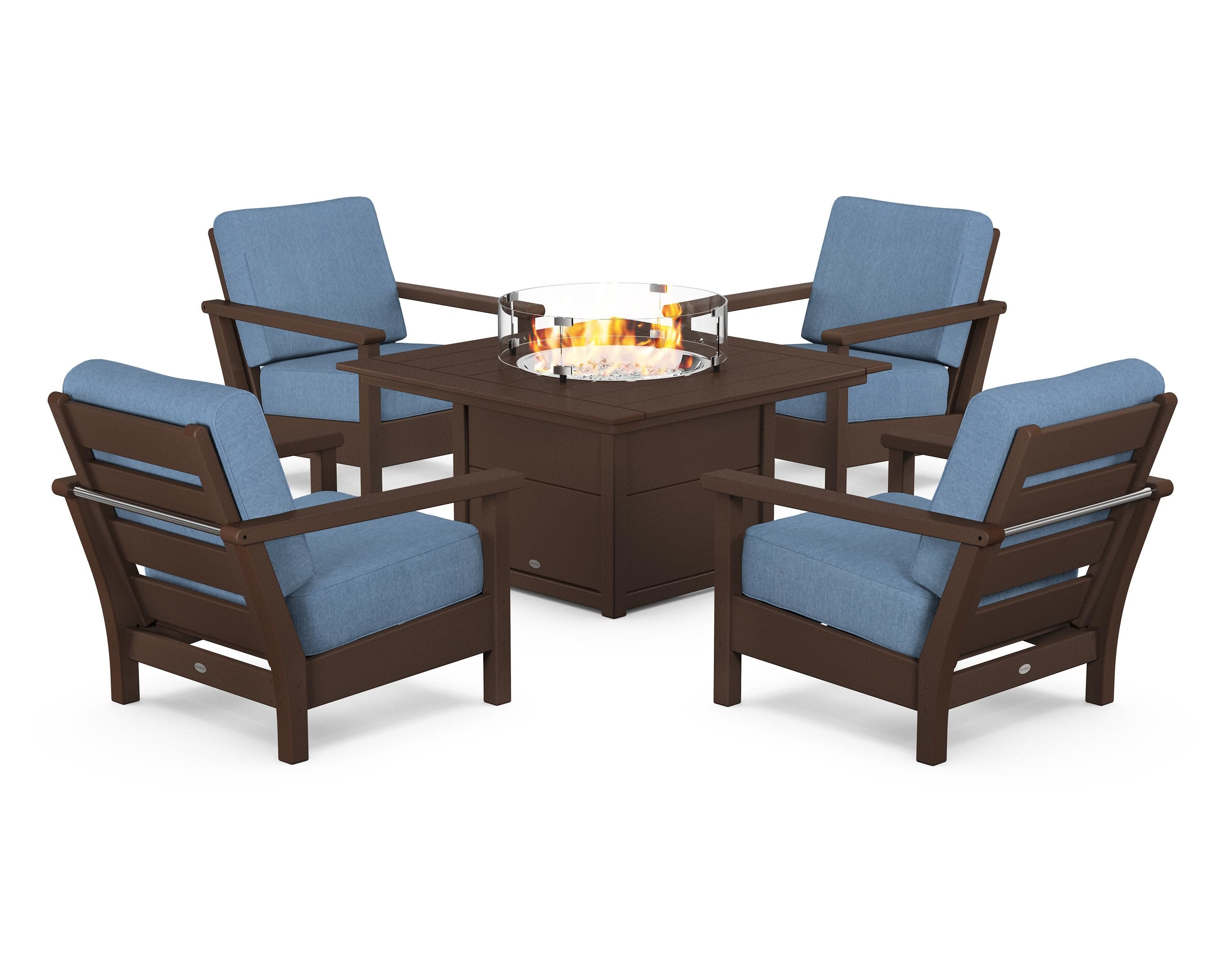 Harbour 5-Piece Conversation Set with Fire Pit Table in Mahogany / Sky Blue
