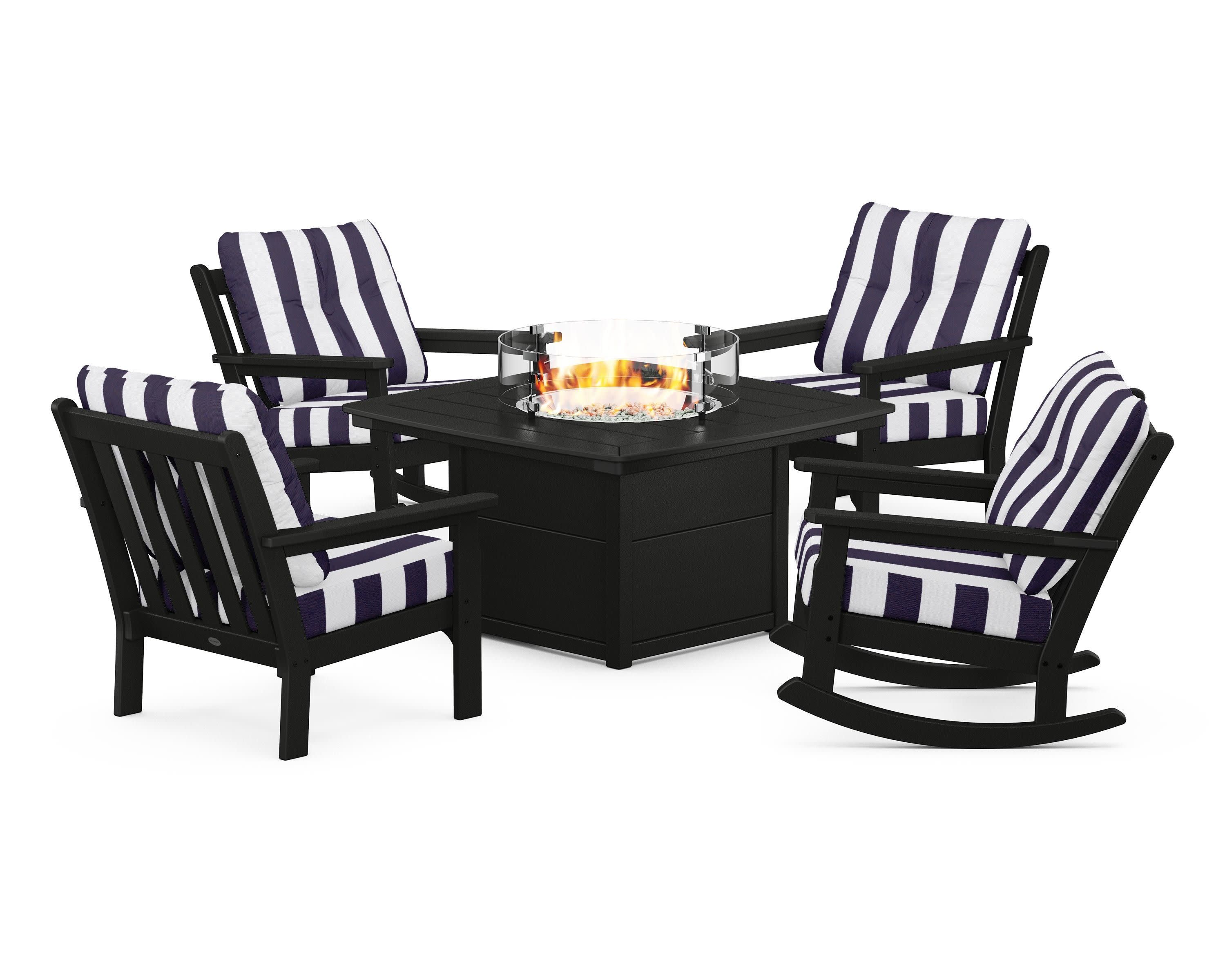 Vineyard 5-Piece Deep Seating Rocking Chair Conversation Set with Fire Pit Table in Black / Cabana Stripe Navy