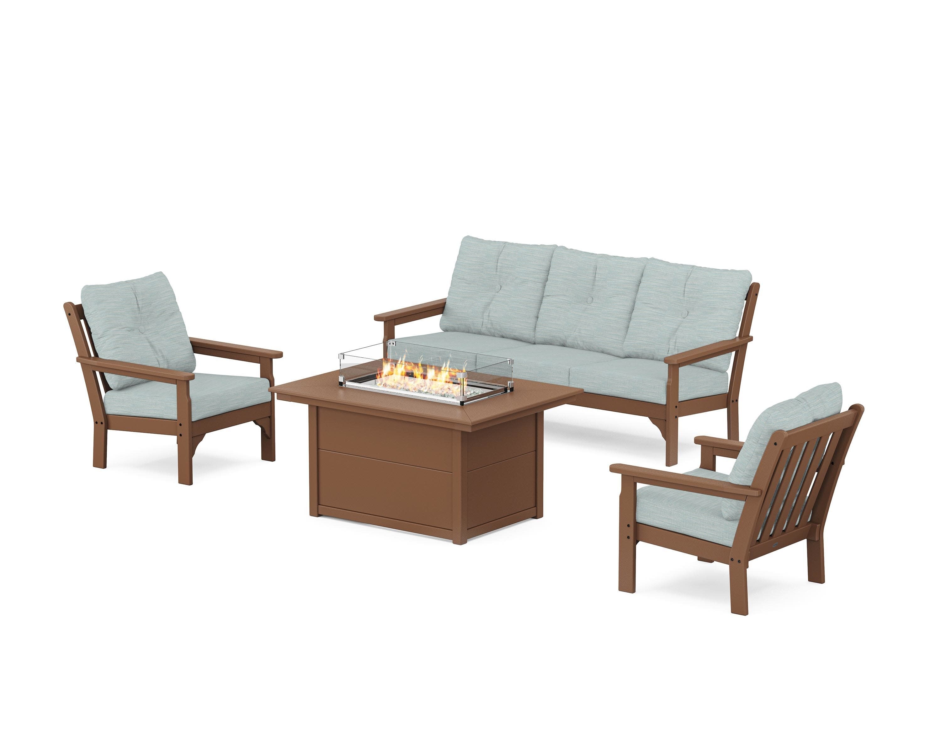 Vineyard Deep Seating Fire Pit Table Set in Teak / Soothe Mist