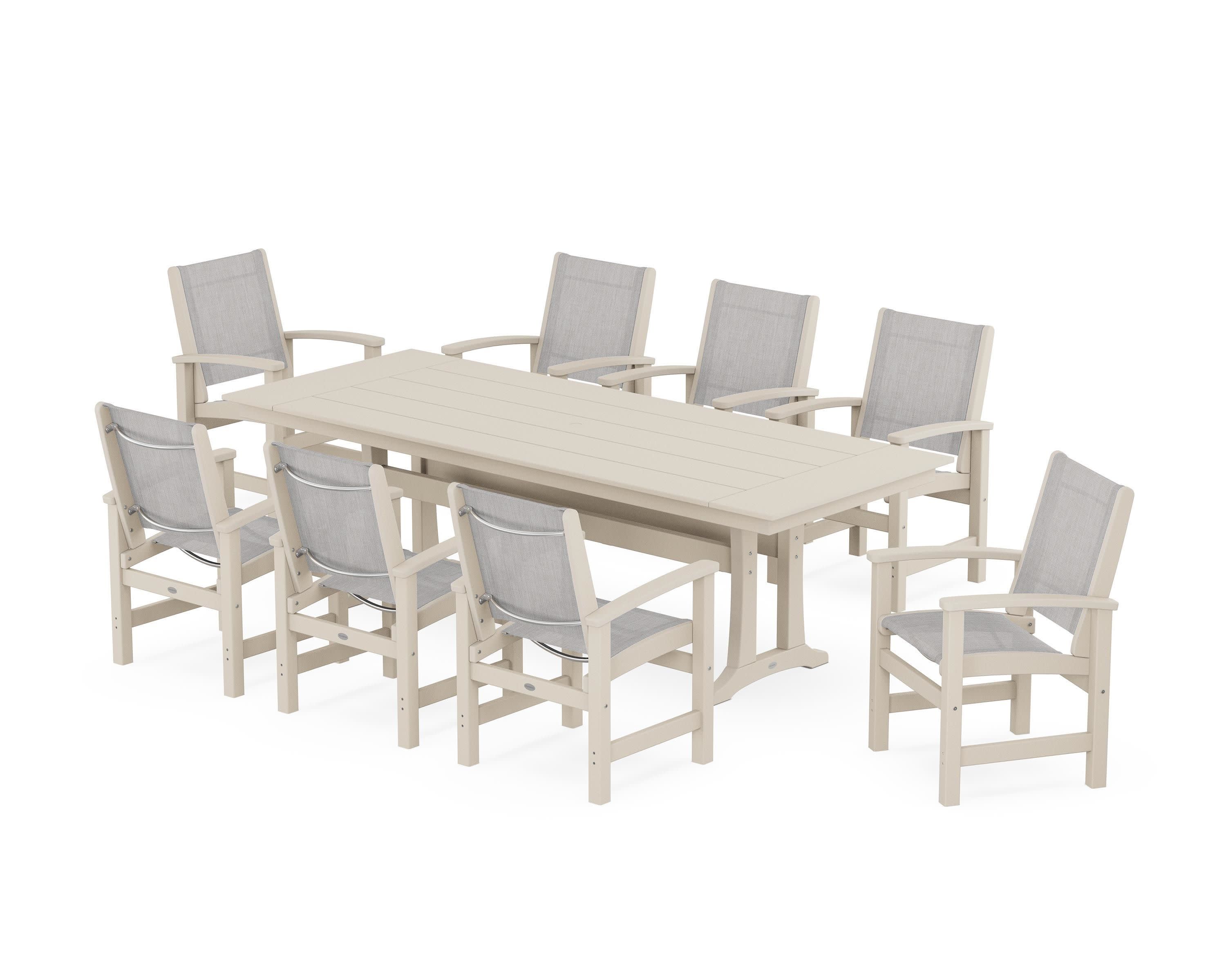 Coastal 9-Piece Farmhouse Dining Set with Trestle Legs in Sand / Parchment Sling