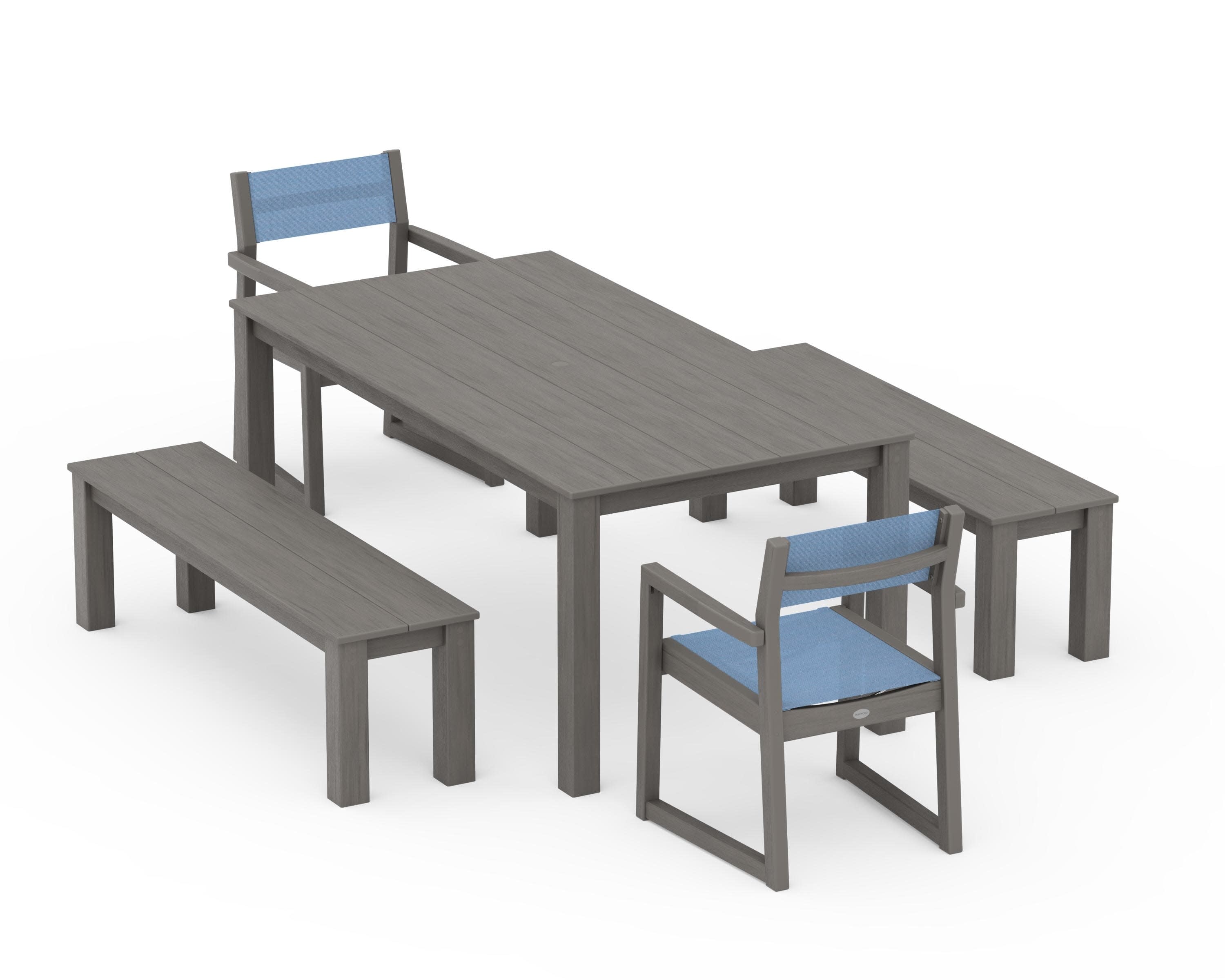 EDGE Sling Arm Chair 5-Piece Parsons Dining Set with Benches in Driftwood / Poolside Sling