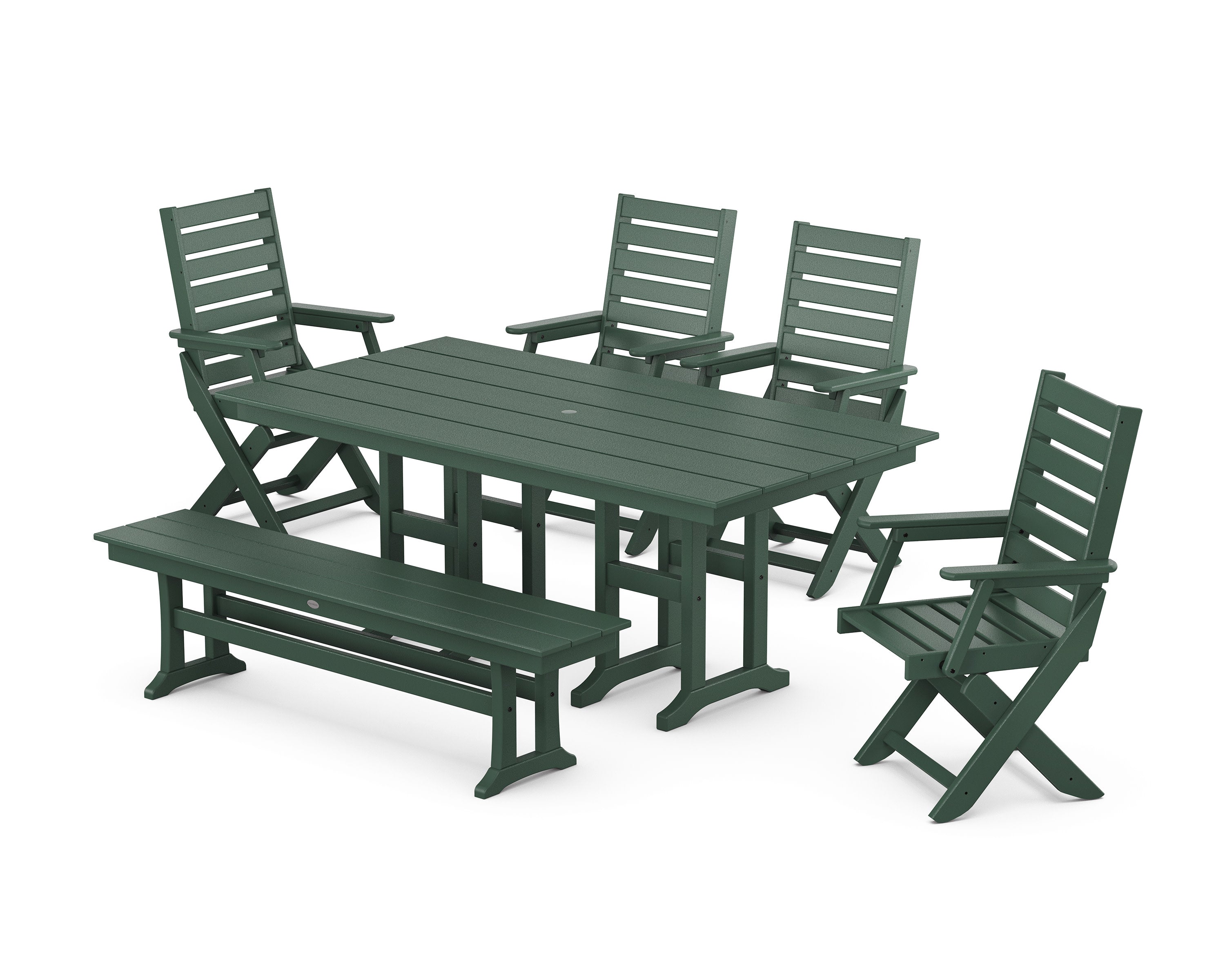 Captain Folding Chair 6-Piece Farmhouse Dining Set with Bench in Green