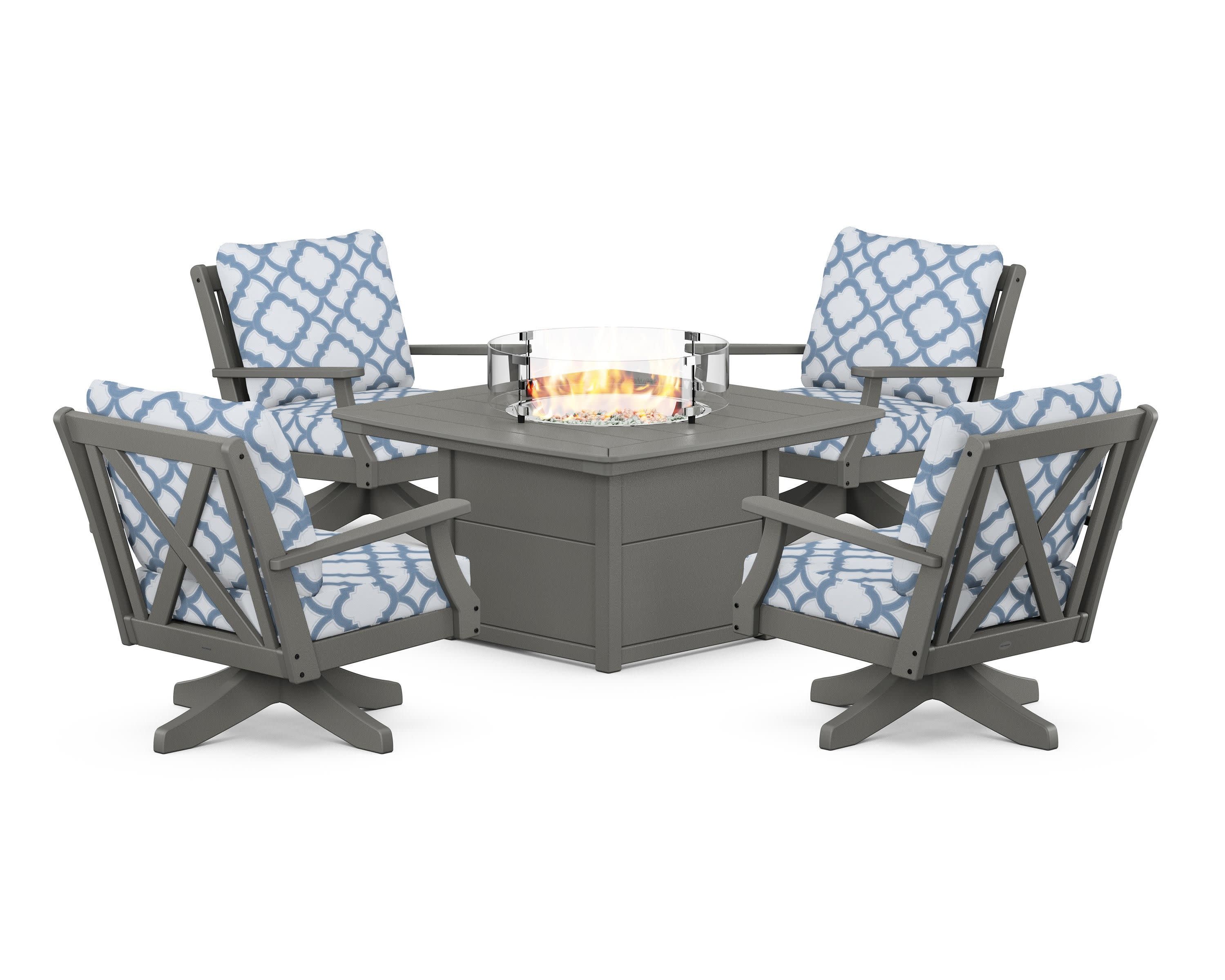 Braxton 5-Piece Deep Seating Swivel Conversation Set with Fire Pit Table in Slate Grey / Trellis Sky Blue