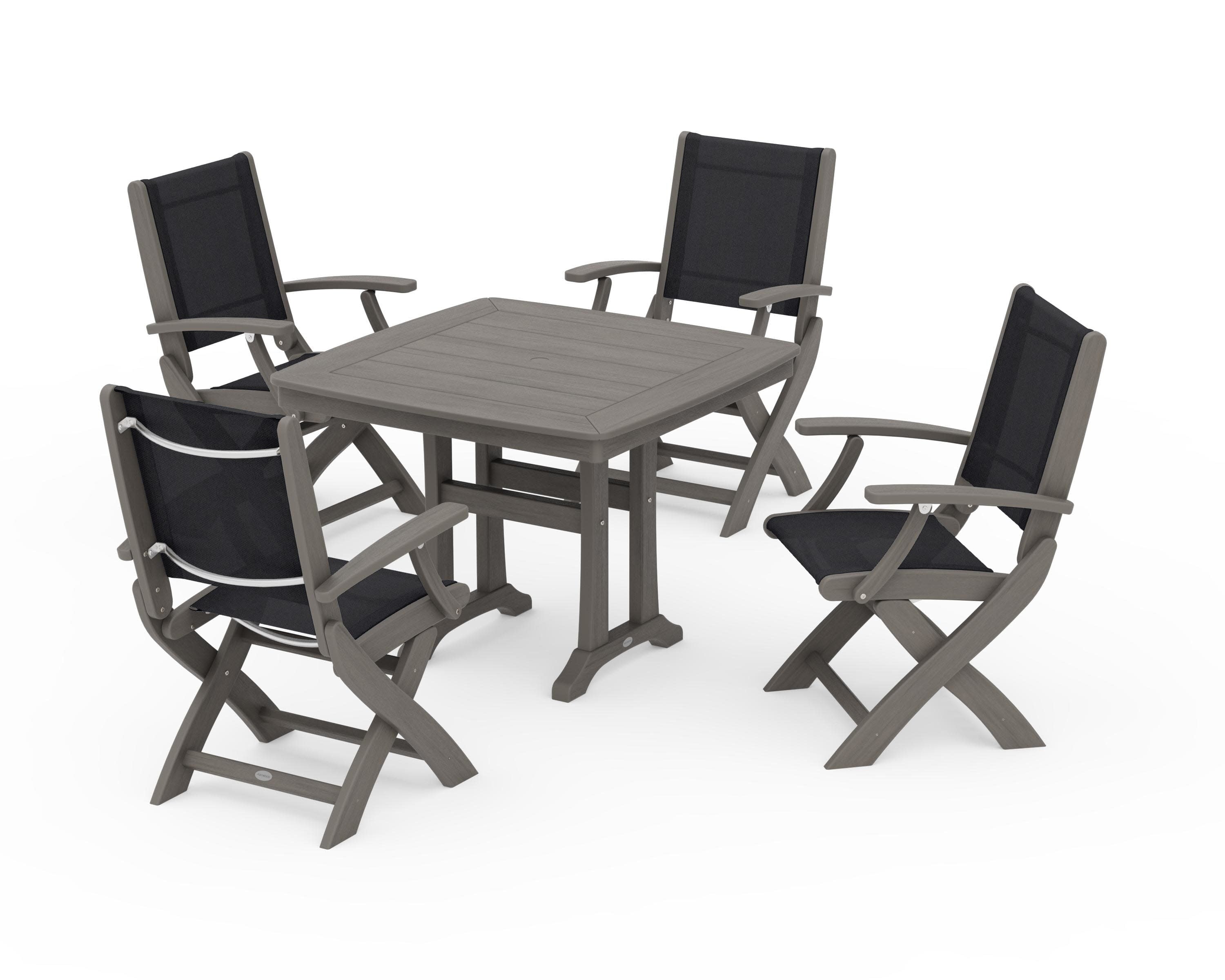 Coastal Folding Chair 5-Piece Dining Set with Trestle Legs in Driftwood / Black Sling