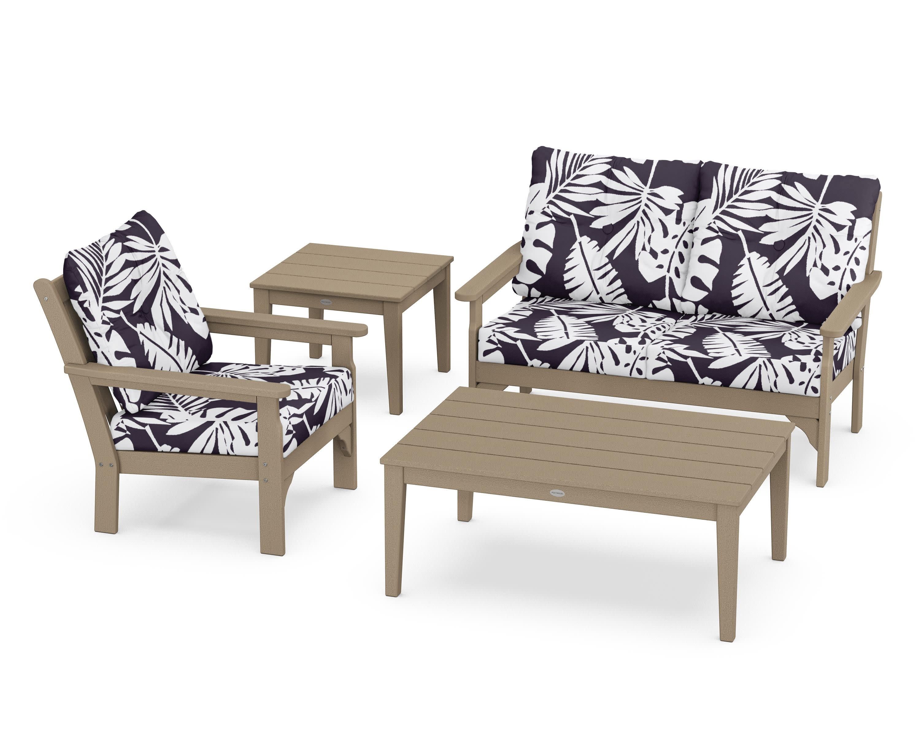 Vineyard 4-Piece Deep Seating Set in Vintage Sahara / Leaf Navy