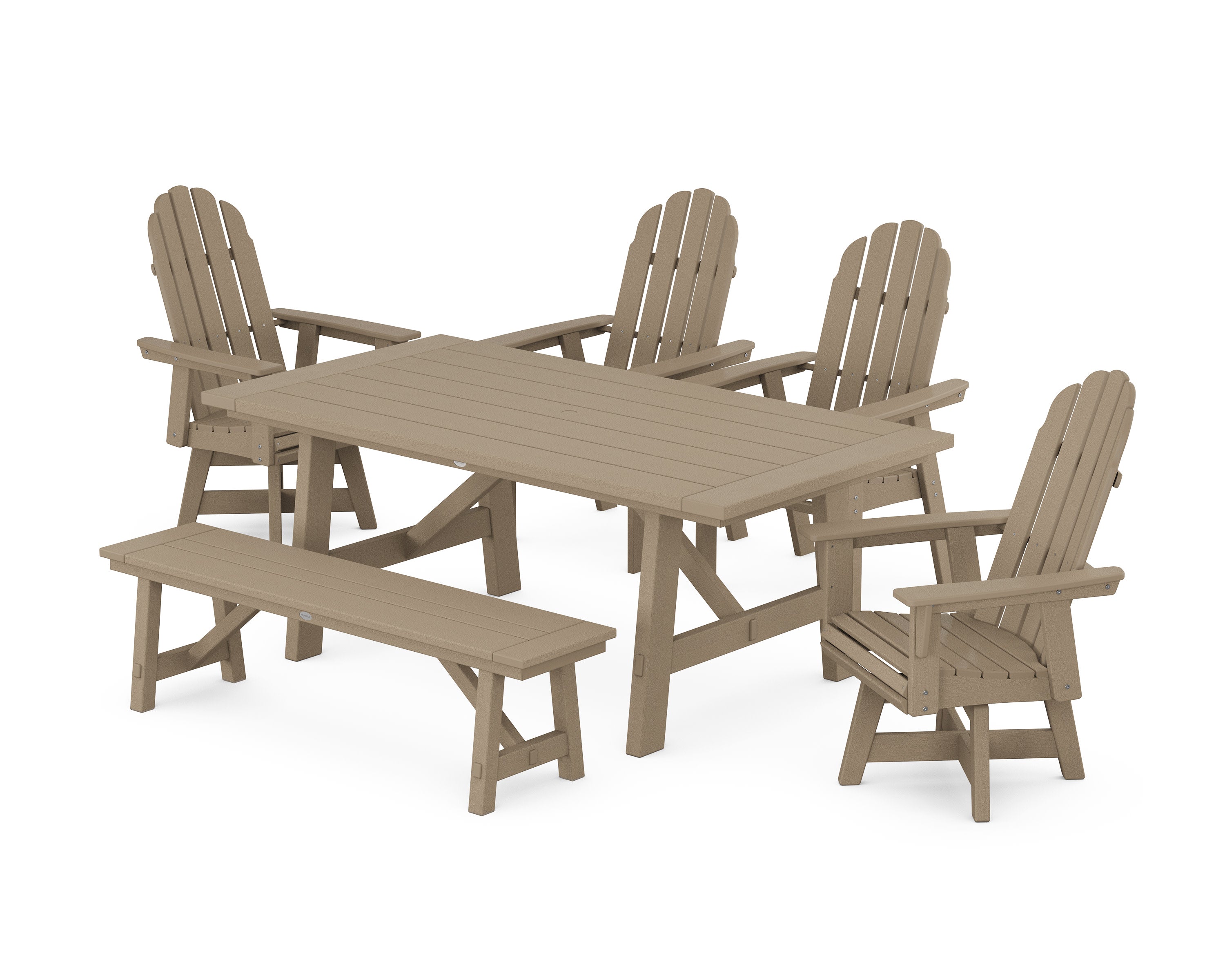 Vineyard Curveback Adirondack Swivel Chair 6-Piece Rustic Farmhouse Dining Set With Bench in Vintage Sahara